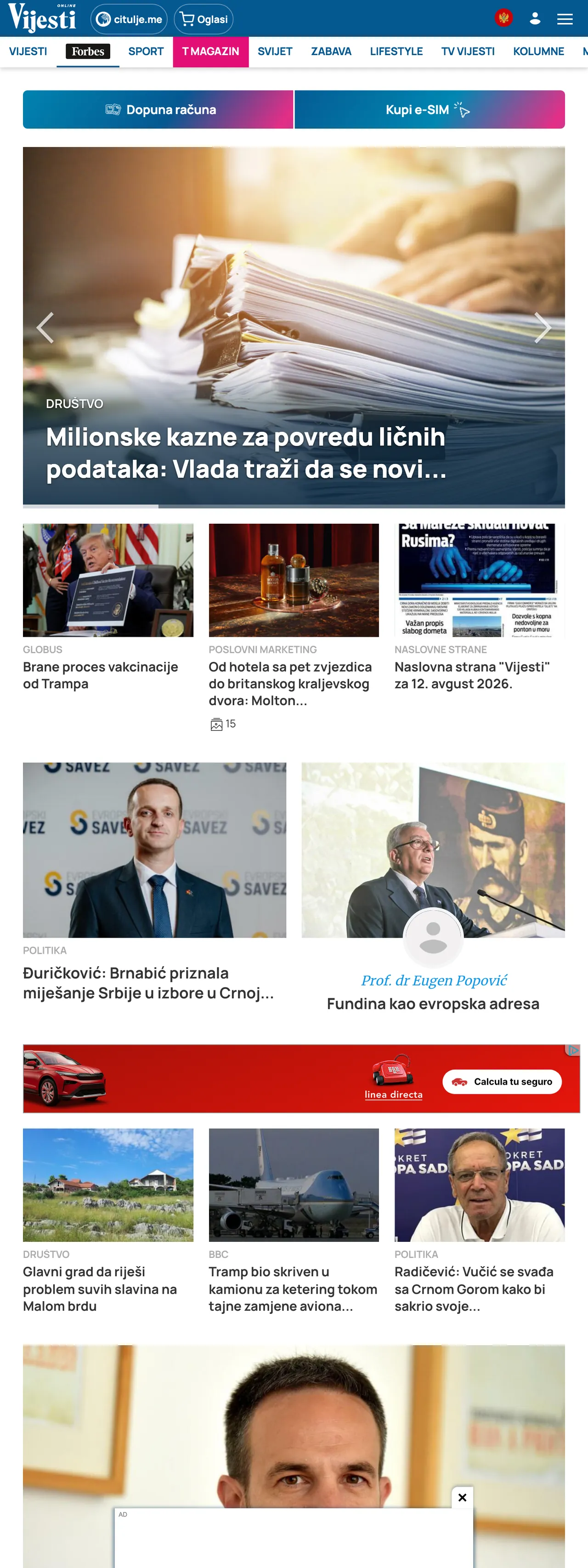 Screenshot of the Vijesti front page