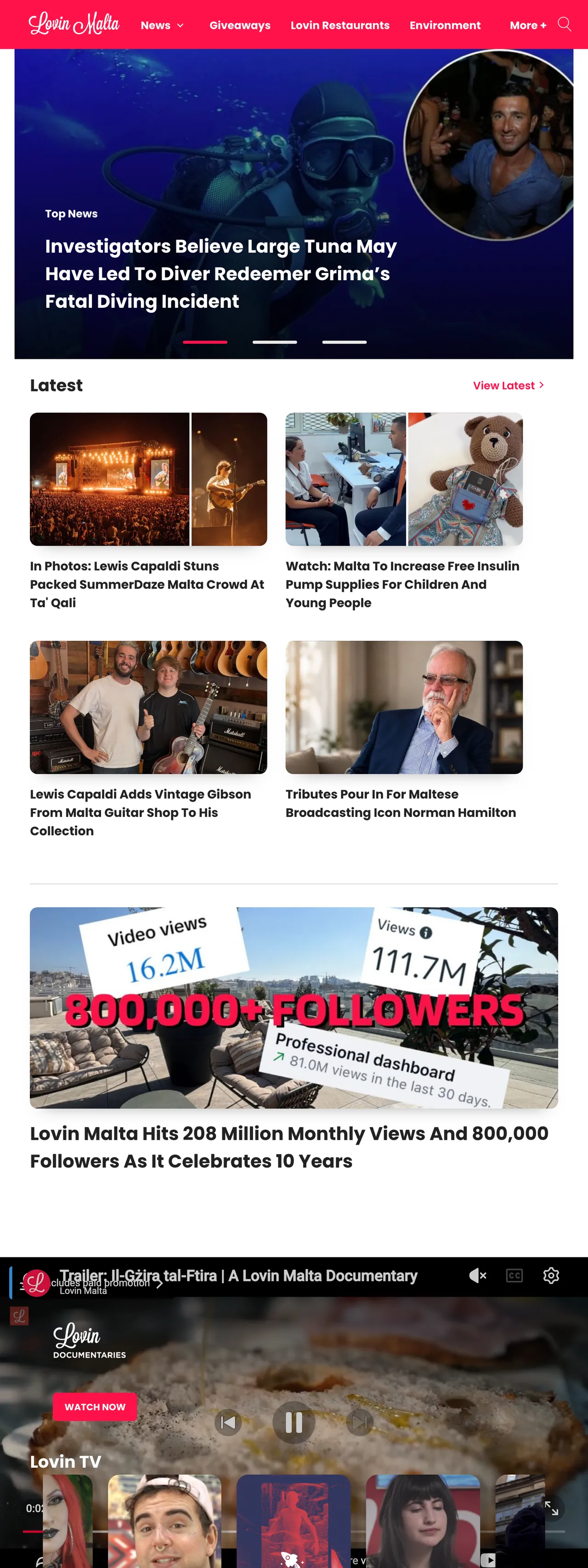 Screenshot of the Lovin Malta front page