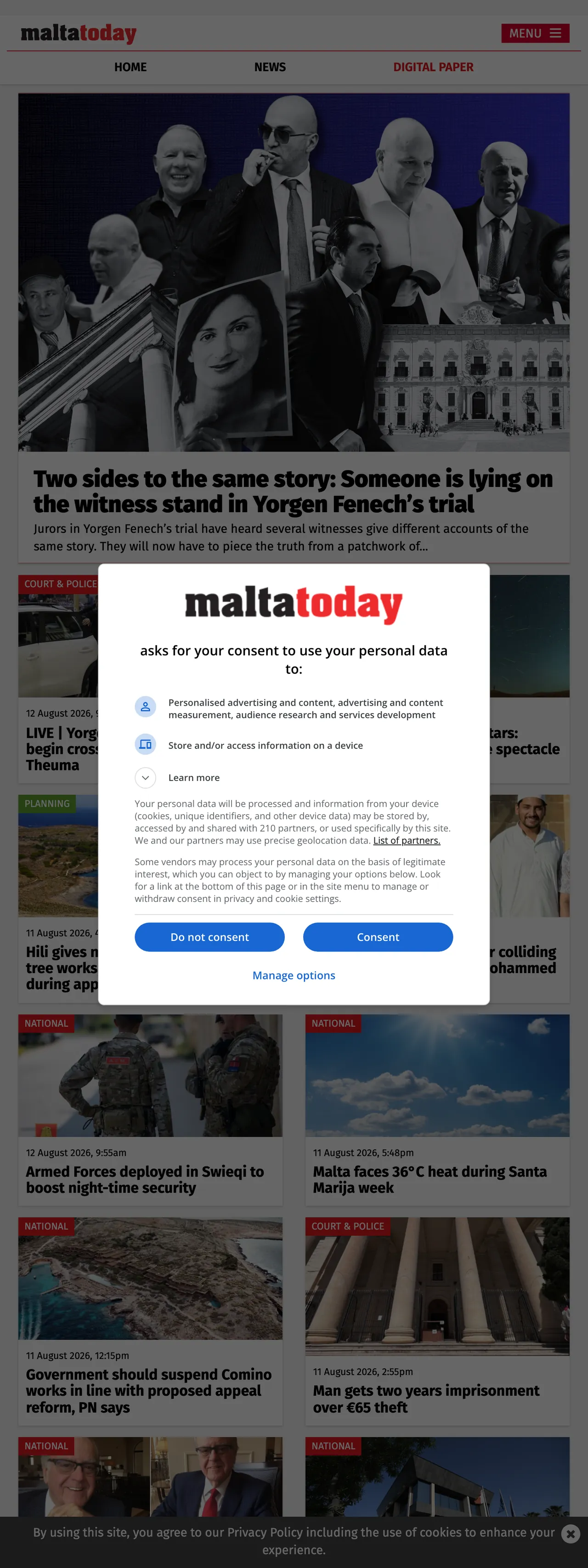 Screenshot of the Malta Today front page
