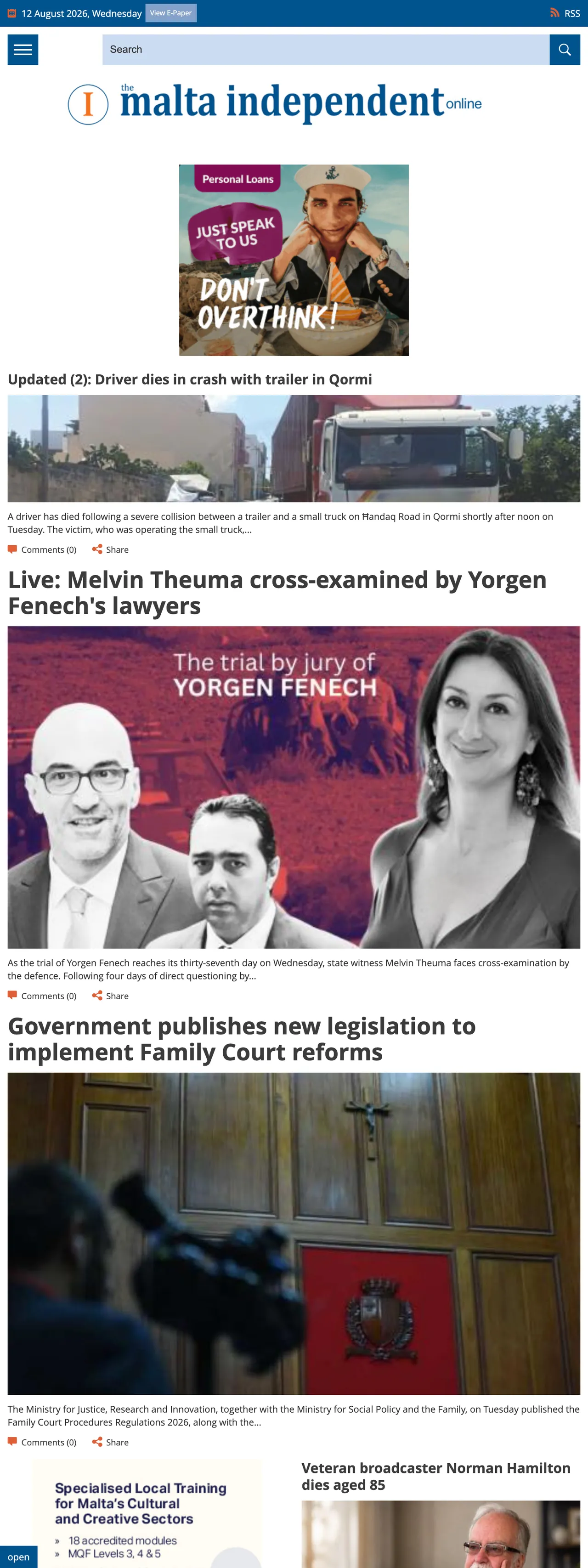 Screenshot of the The Malta Independent front page
