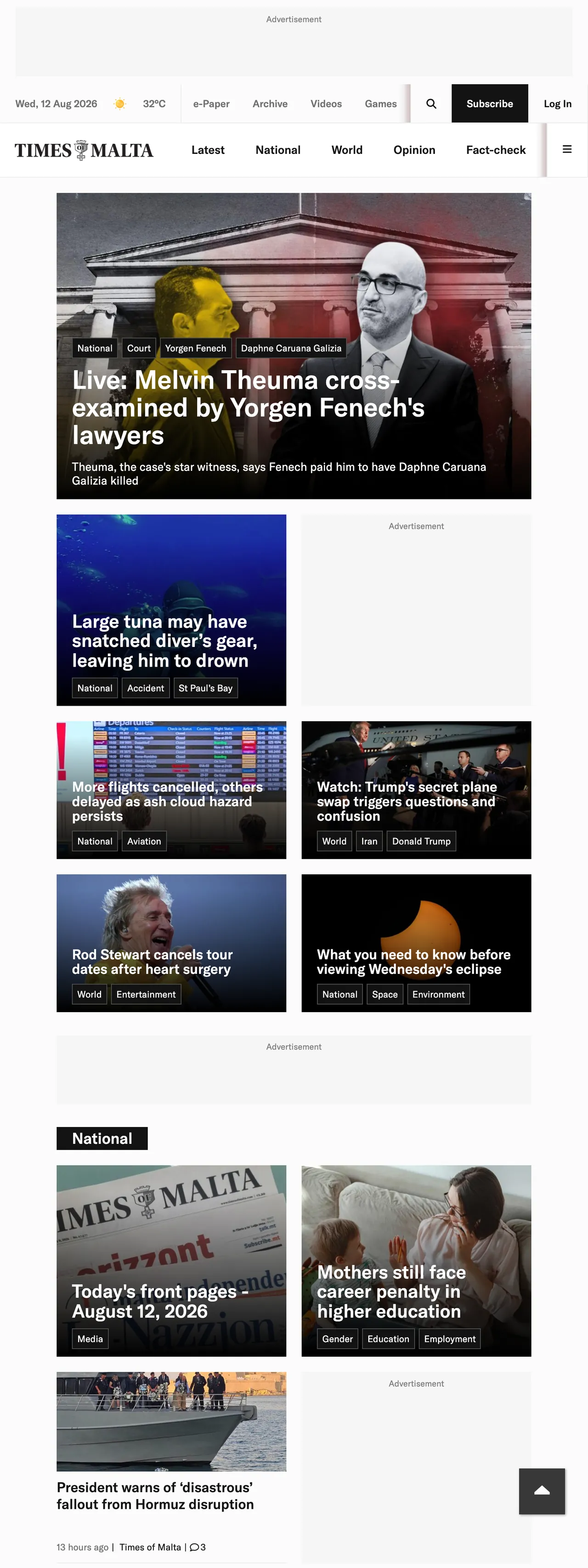 Screenshot of the Times of Malta front page