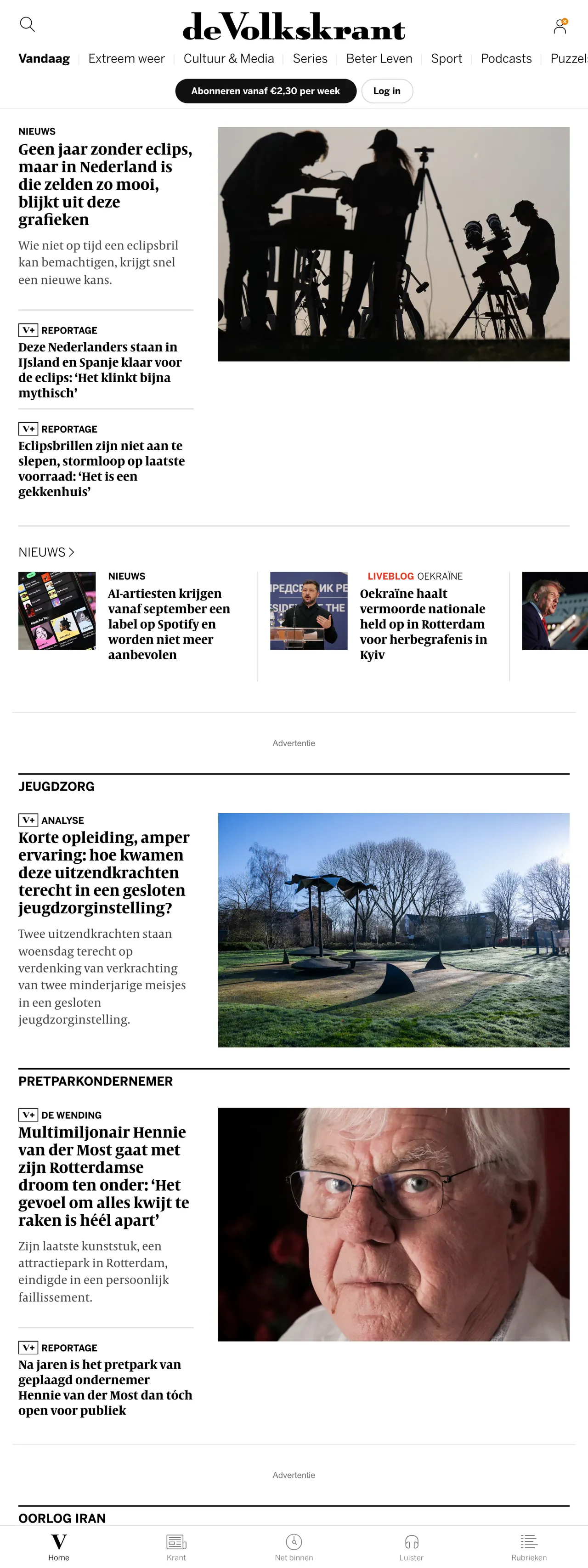 Screenshot of the de Volkskrant front page