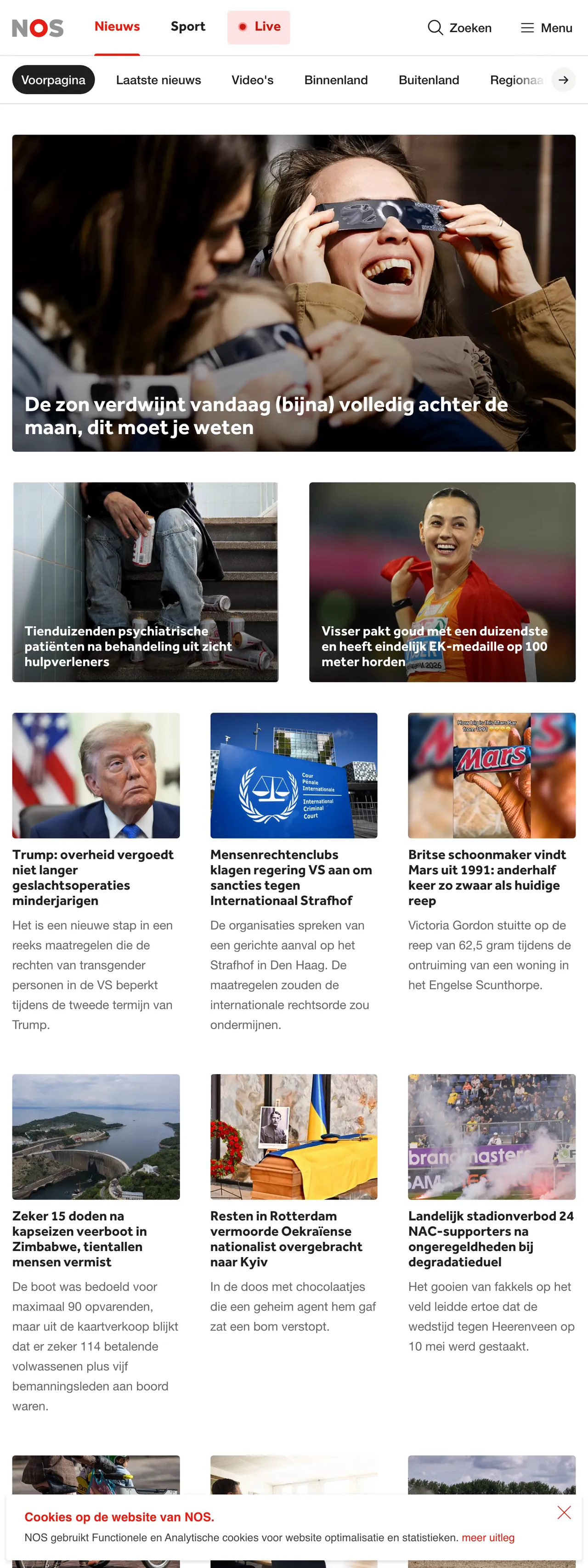 Screenshot of the NOS front page
