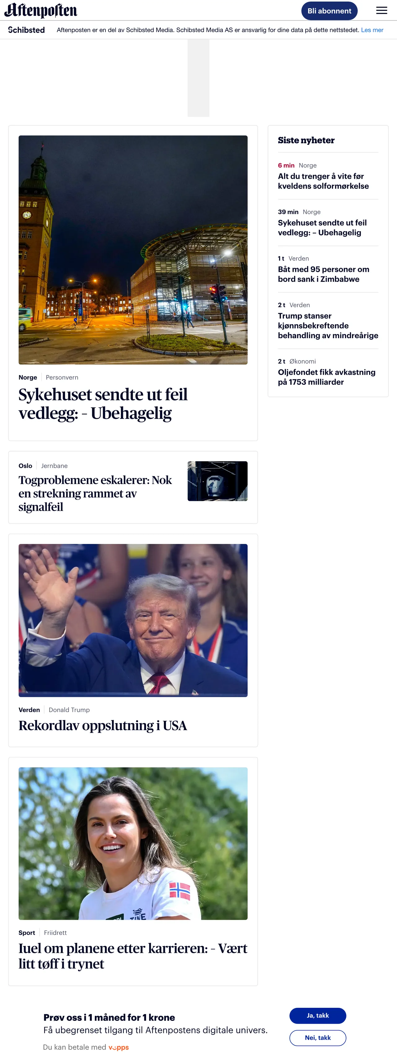 Screenshot of the Aftenposten front page