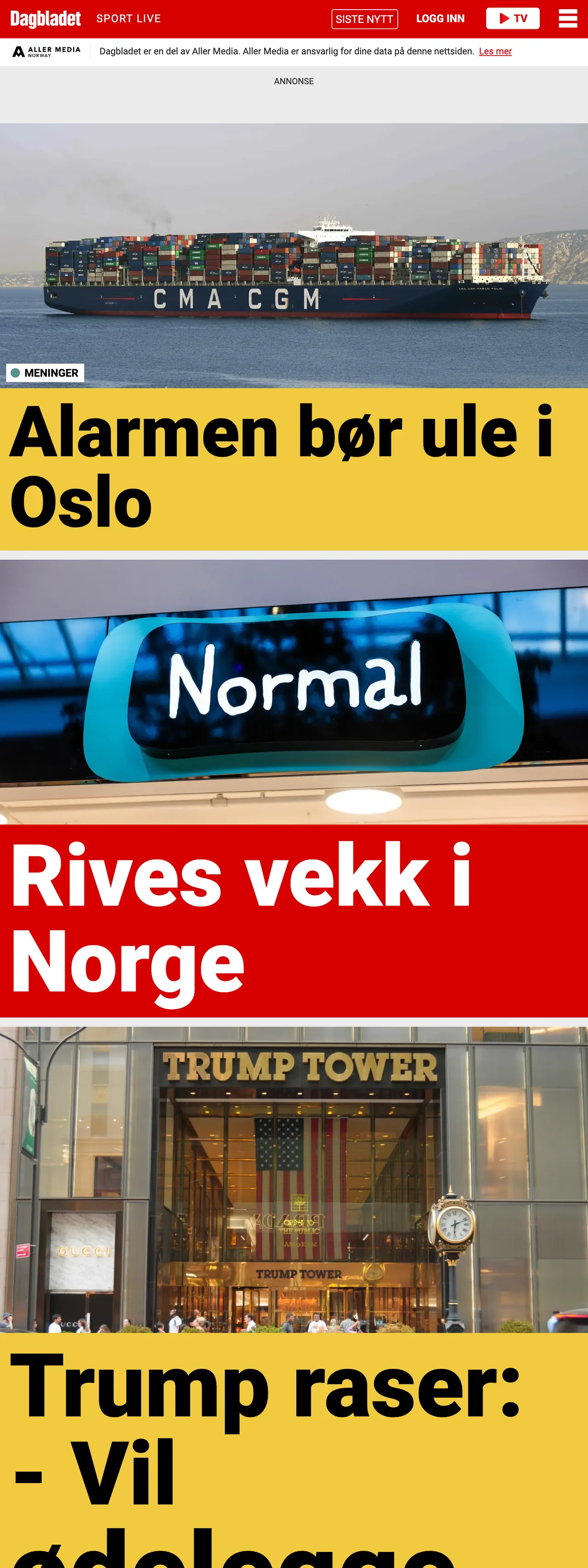 Screenshot of the Dagbladet front page