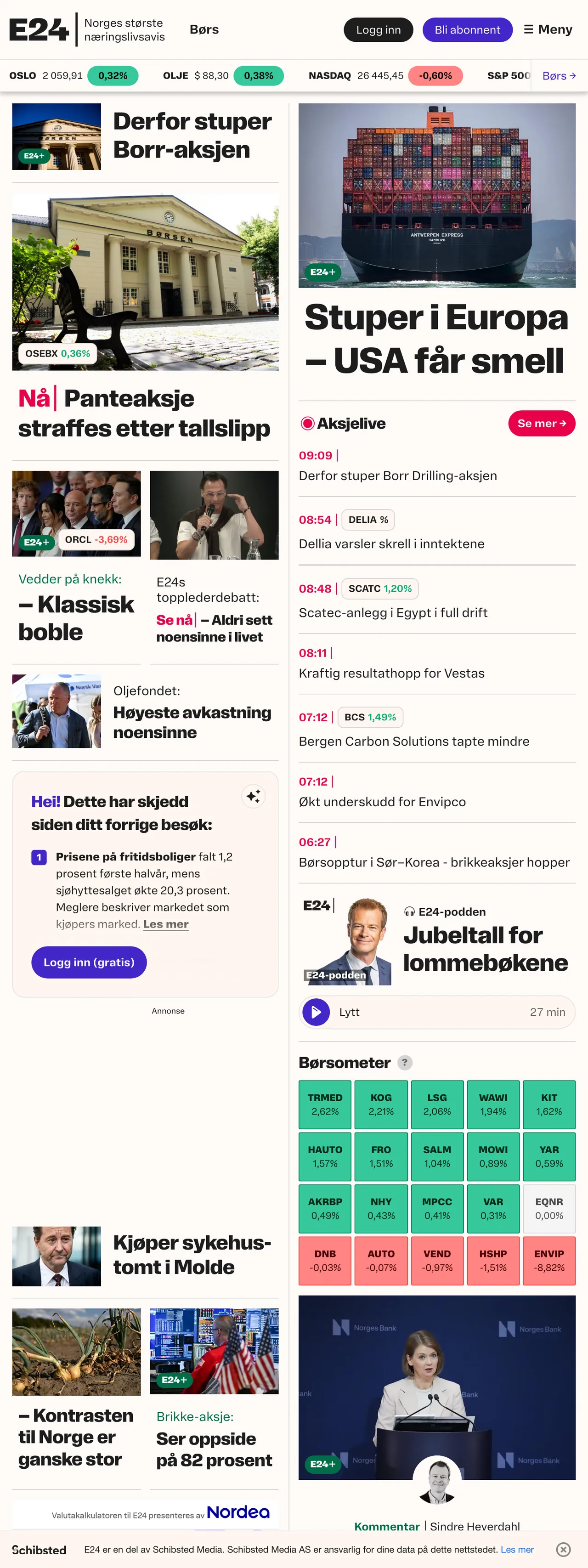 Screenshot of the E24 front page