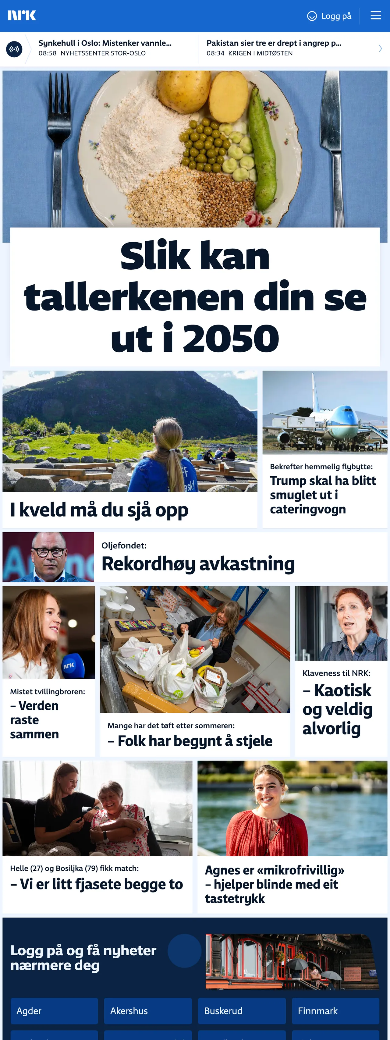 Screenshot of the NRK front page