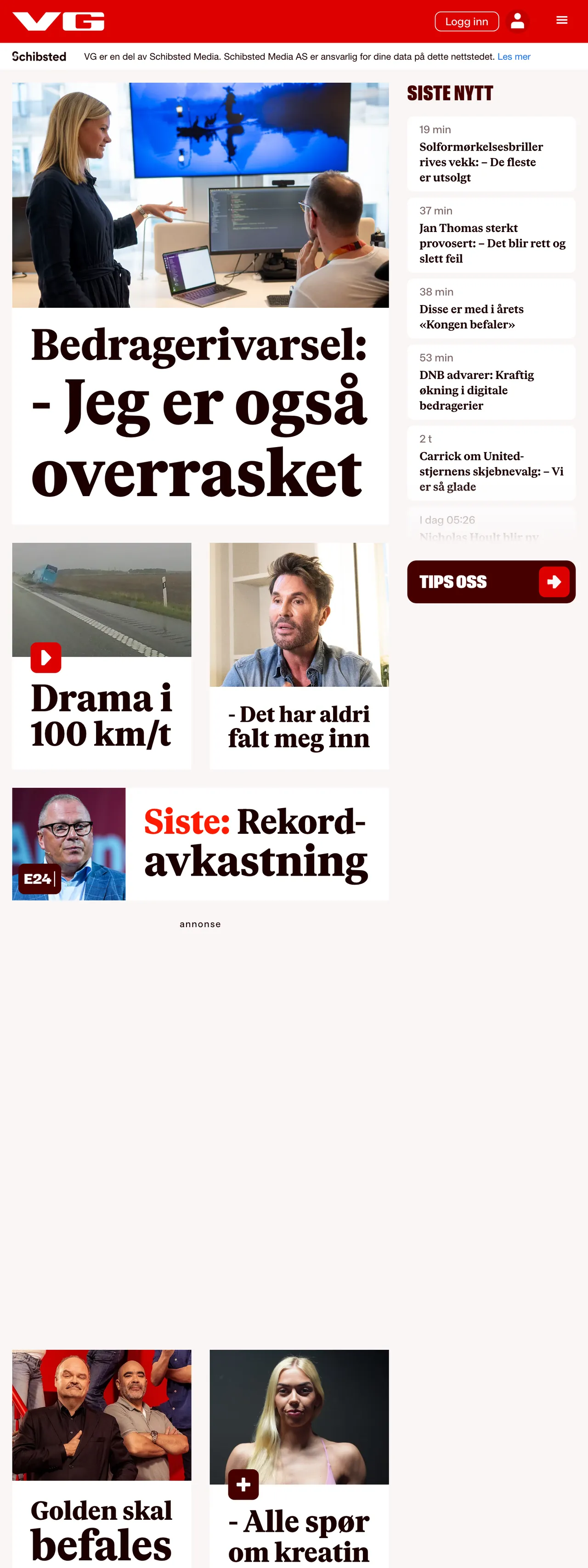 Screenshot of the VG front page