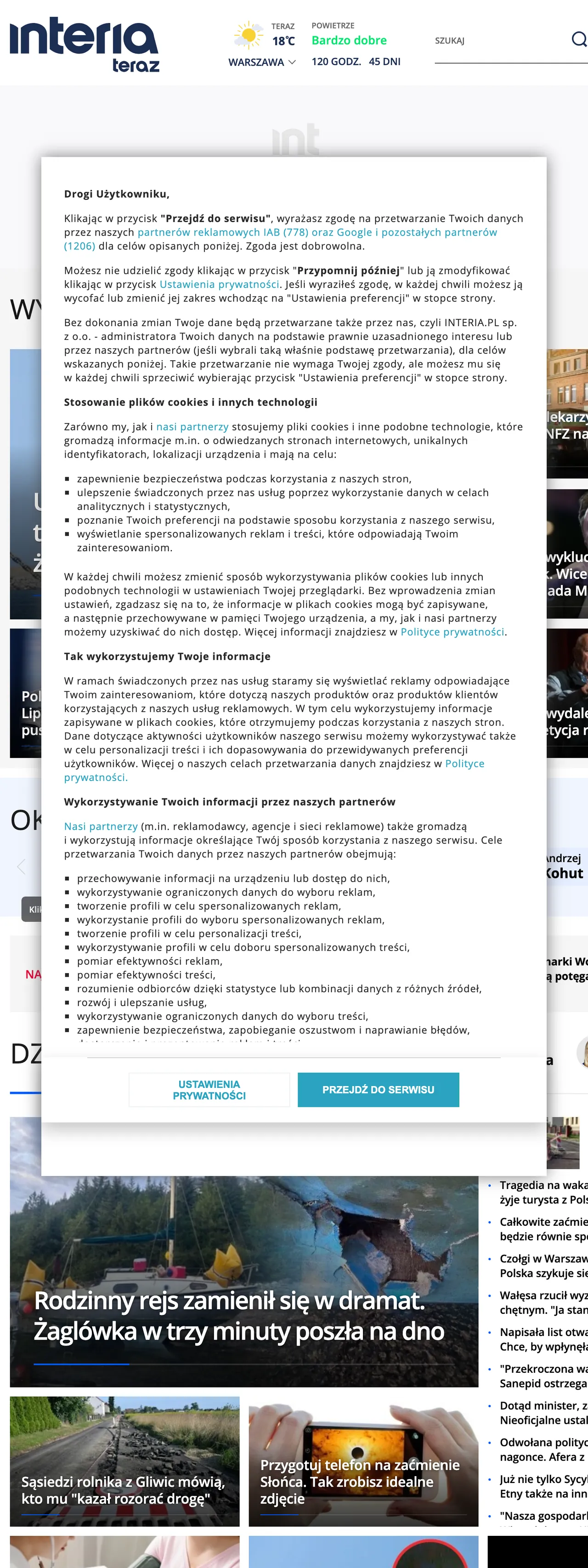 Screenshot of the Interia front page