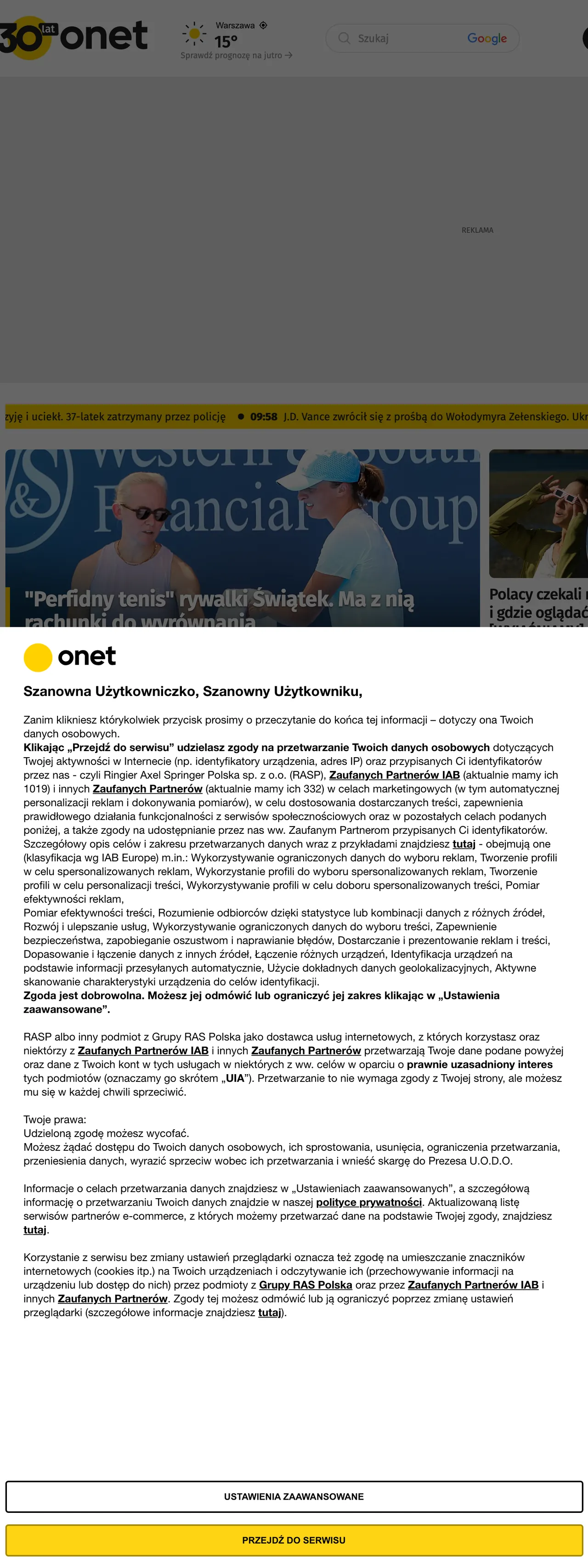 Screenshot of the Onet front page