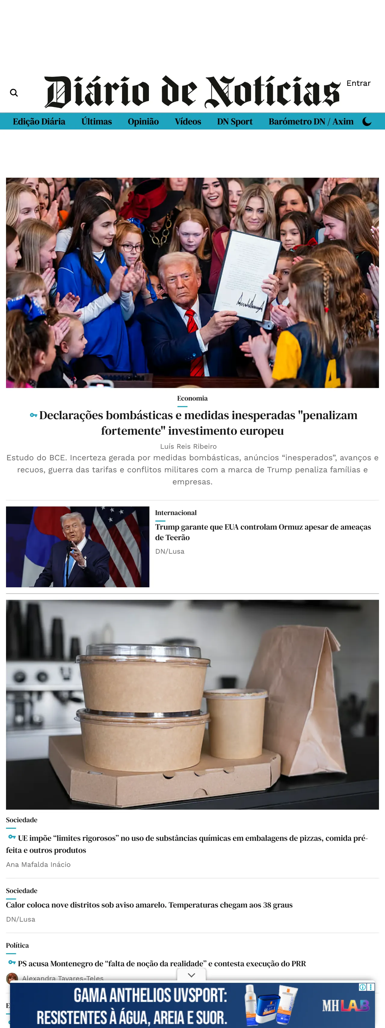 Screenshot of the Diário de Notícias front page