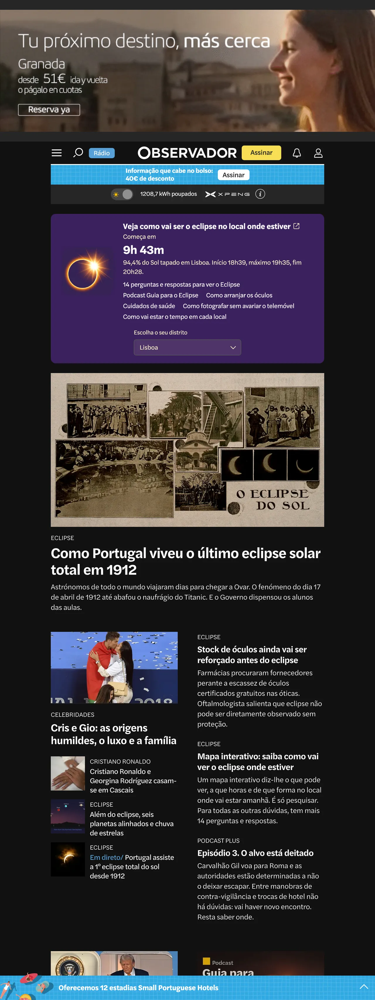 Screenshot of the Observador front page