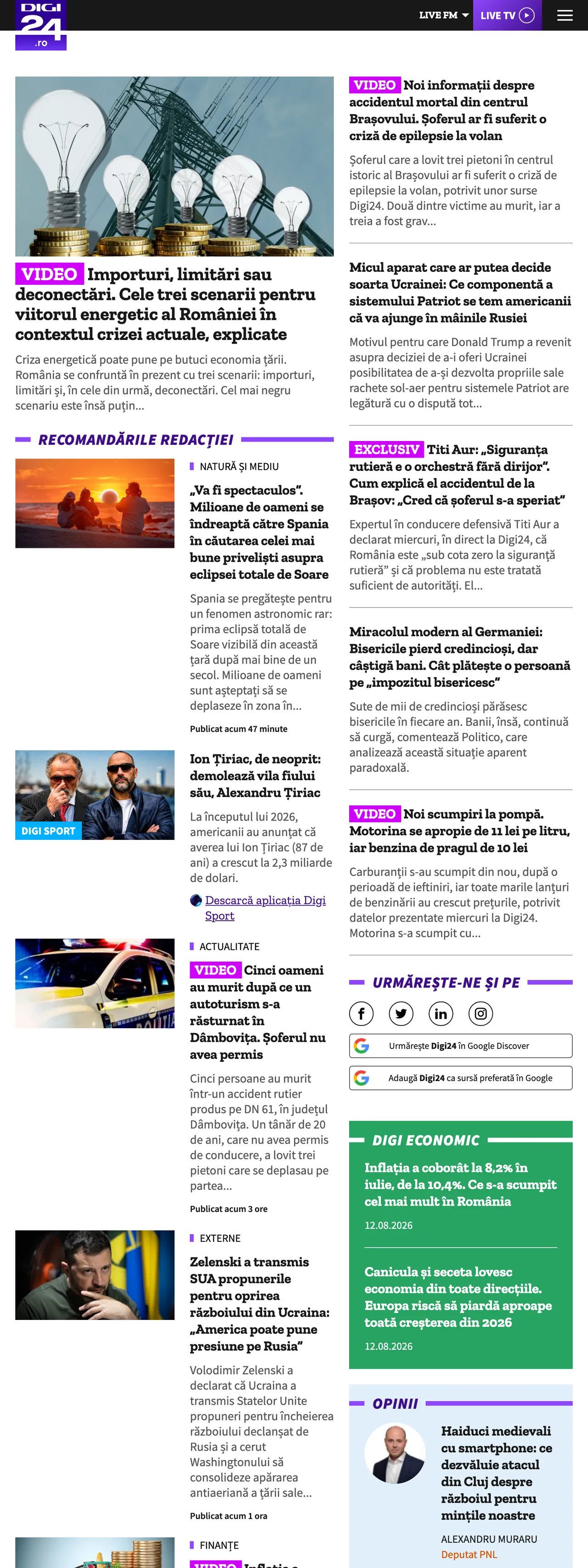Screenshot of the Digi24 front page