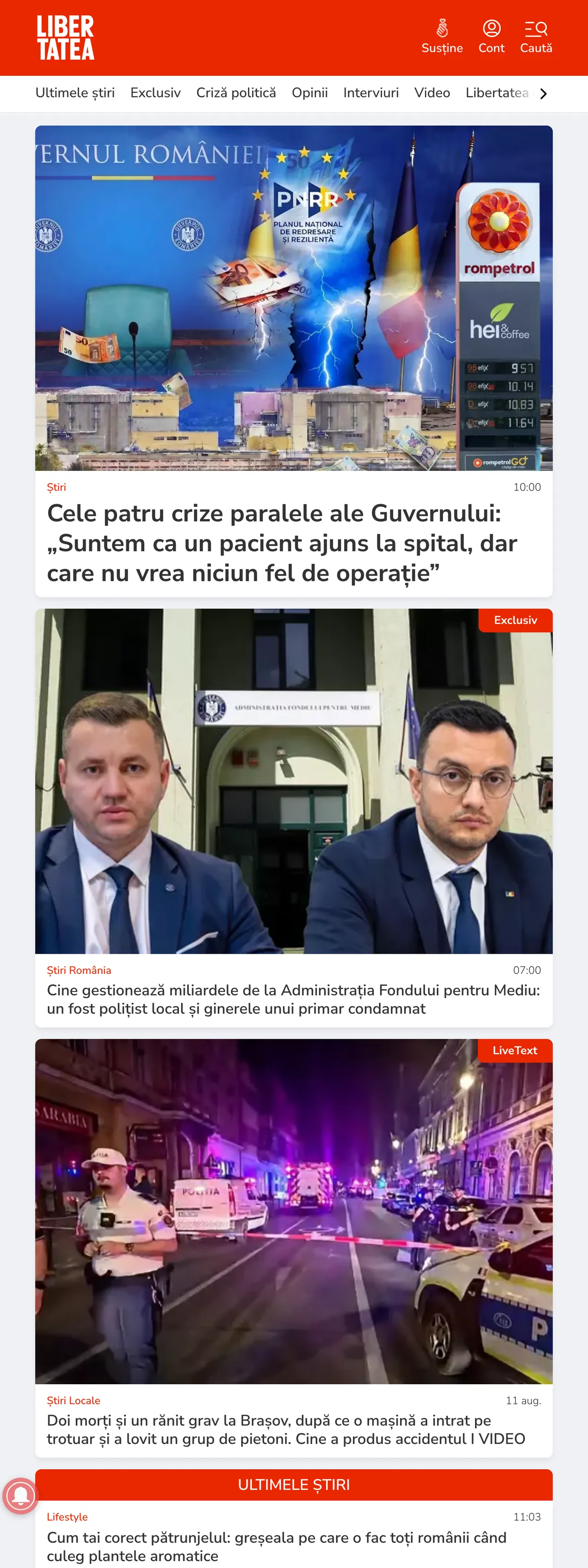 Screenshot of the Libertatea front page