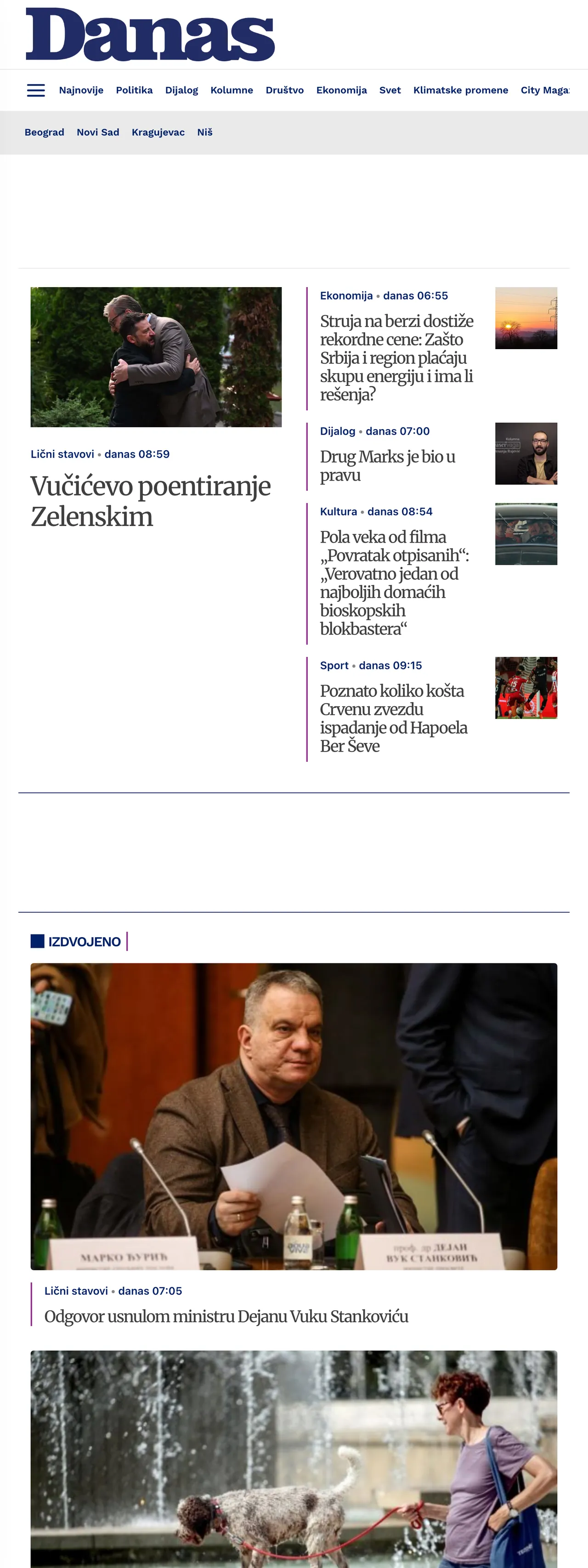 Screenshot of the Danas front page