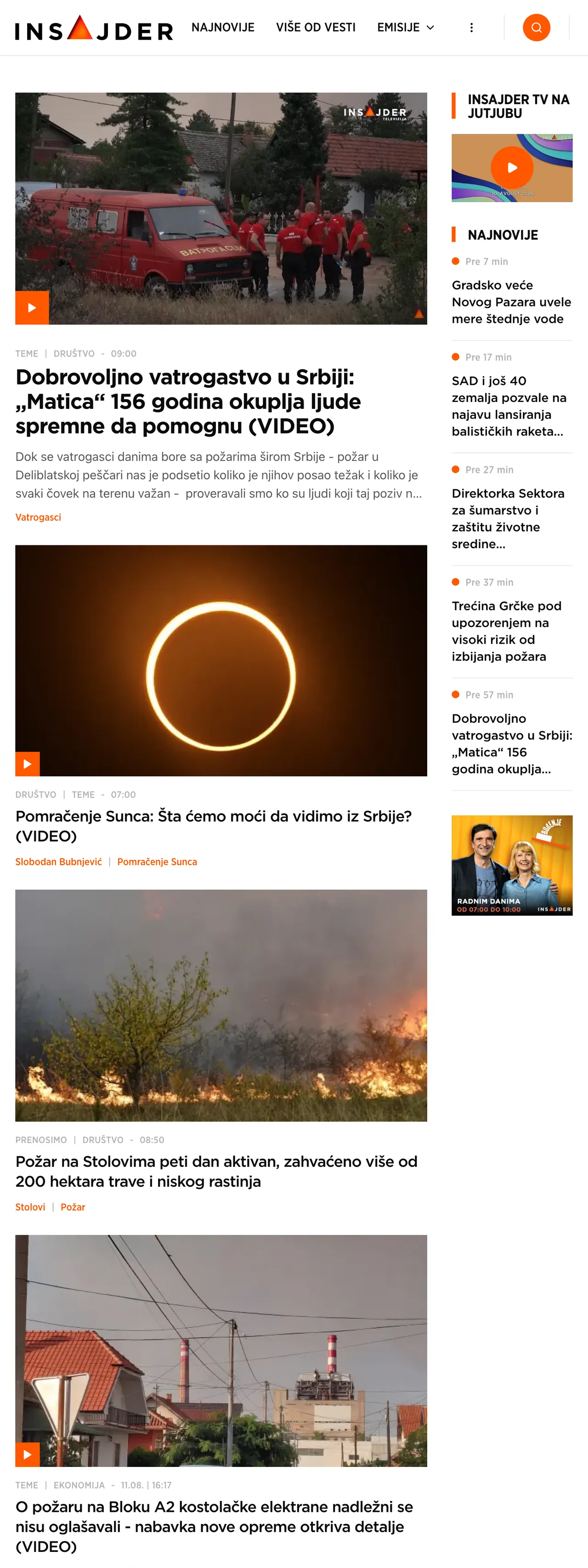 Screenshot of the Insajder front page