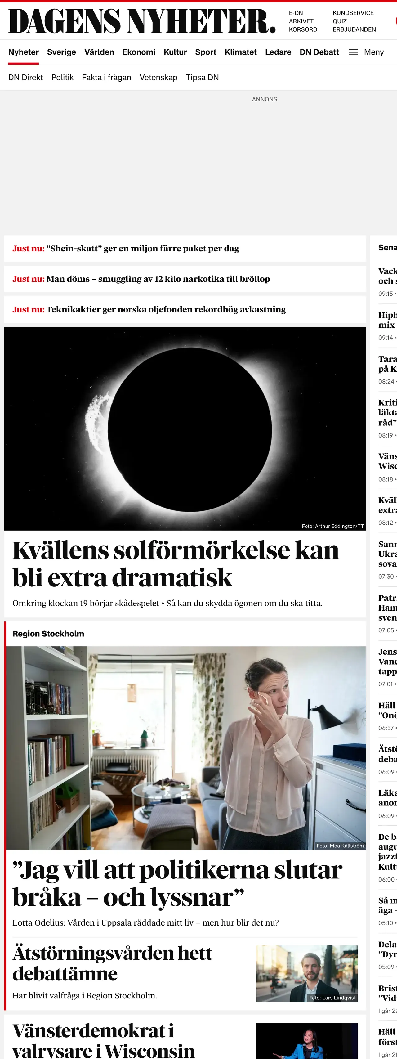 Screenshot of the Dagens Nyheter front page