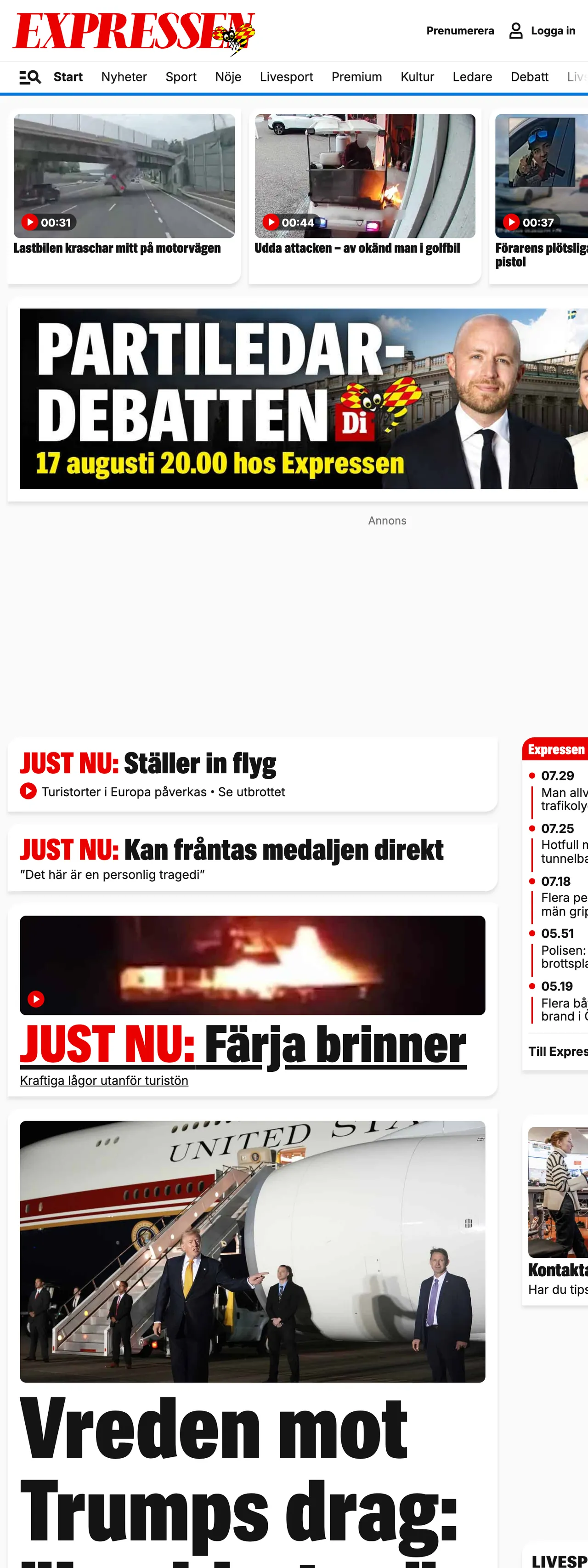 Screenshot of the Expressen front page