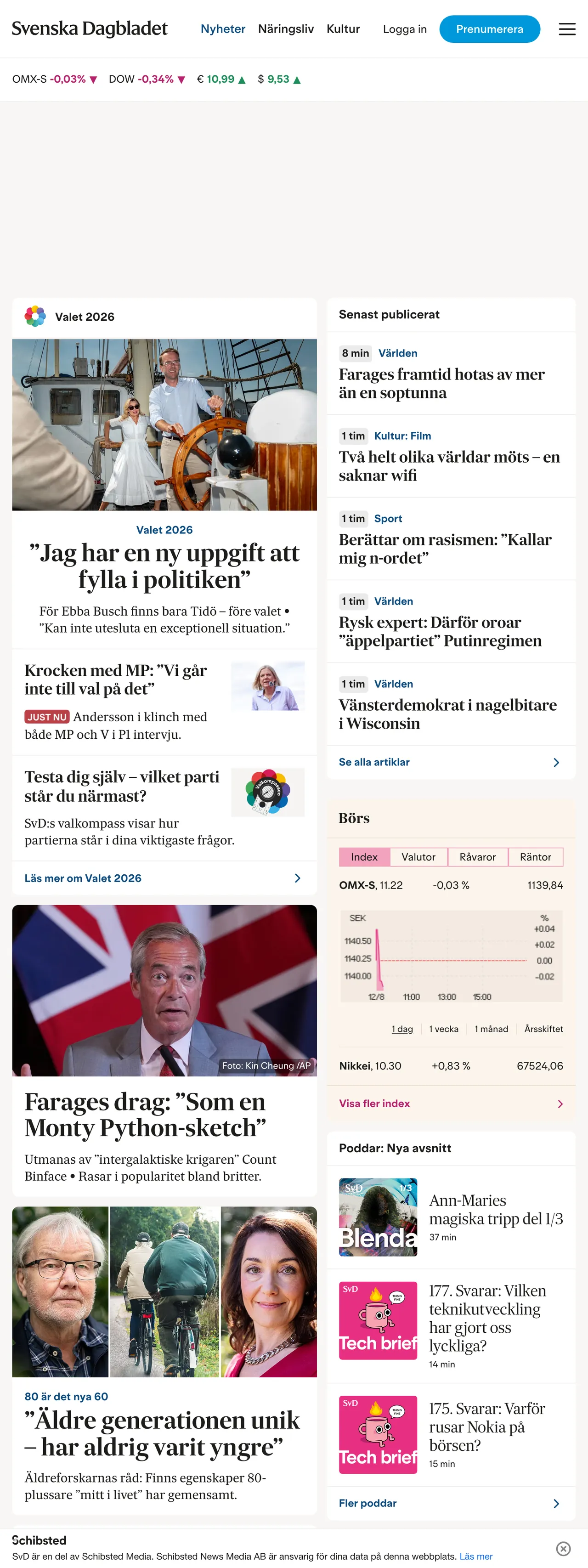 Screenshot of the Svenska Dagbladet front page