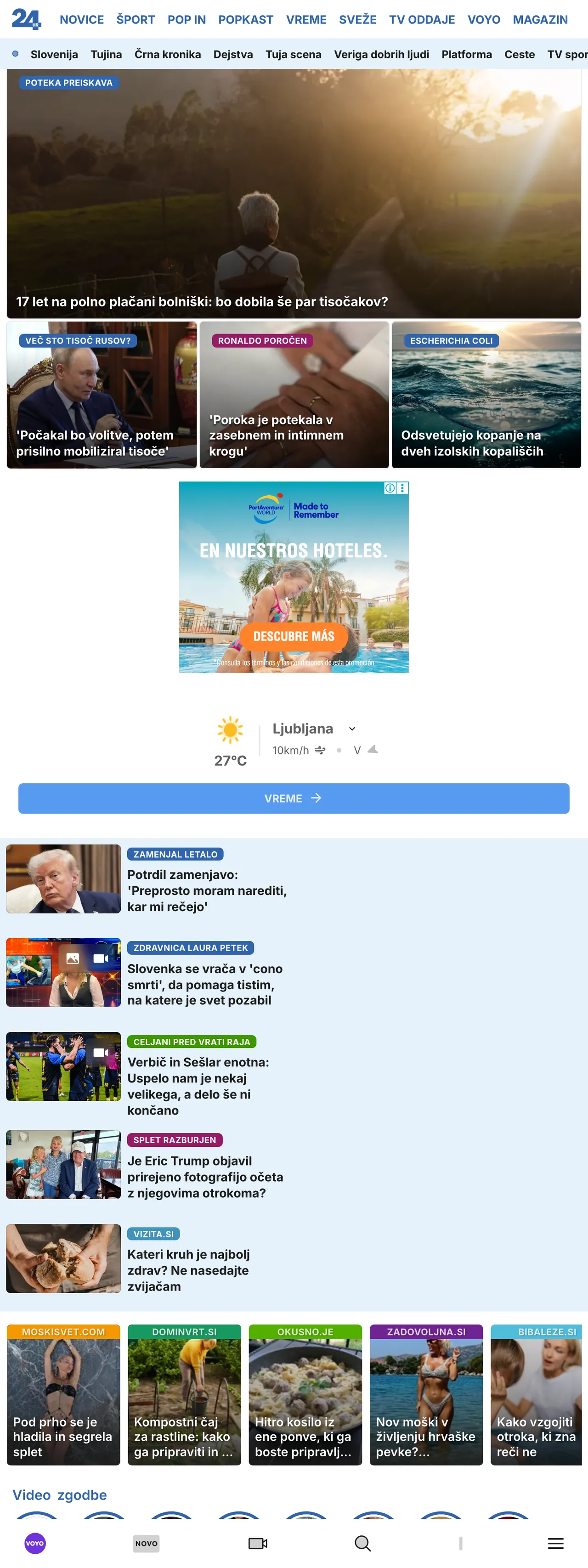 Screenshot of the 24ur front page