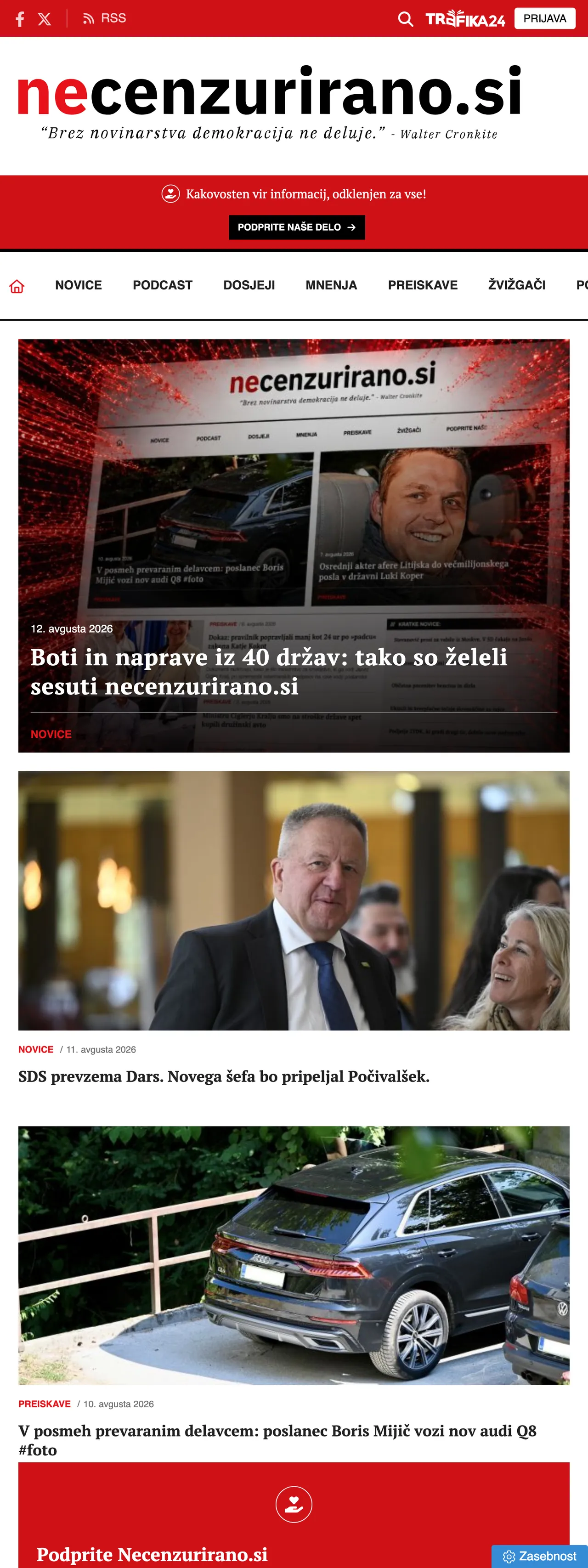 Screenshot of the Necenzurirano front page