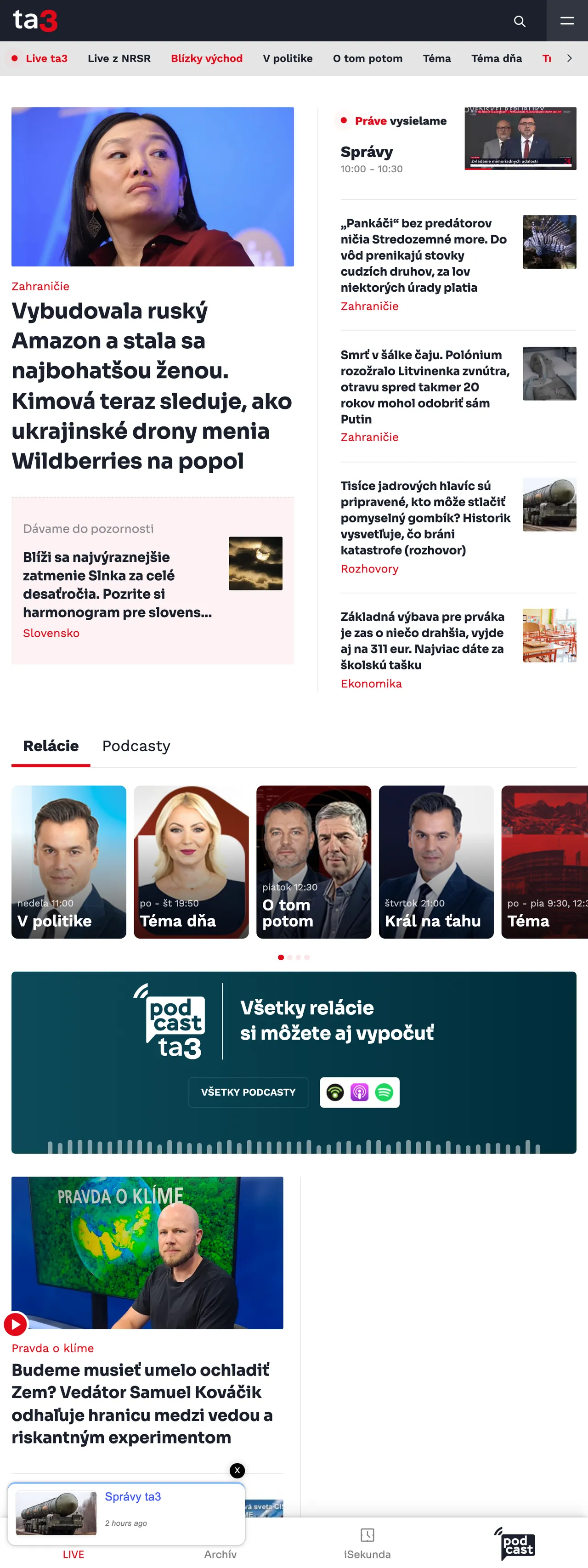 Screenshot of the TA3 front page