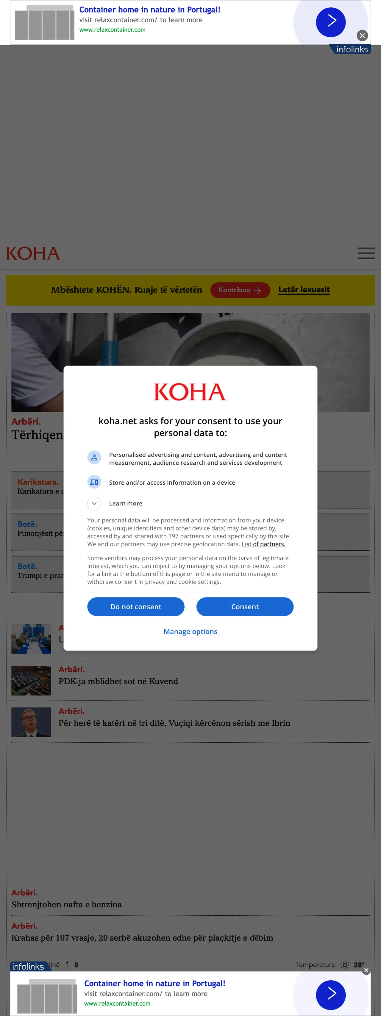 Screenshot of the Koha Ditore front page