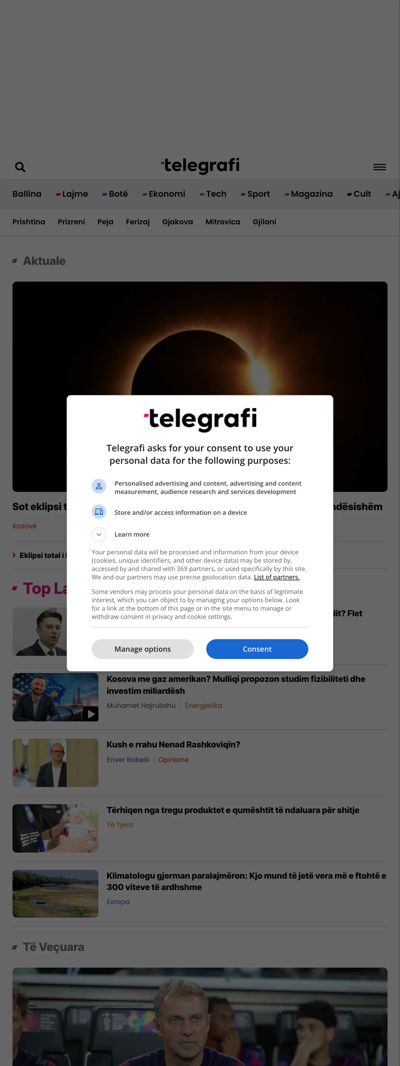 Screenshot of the Telegrafi front page
