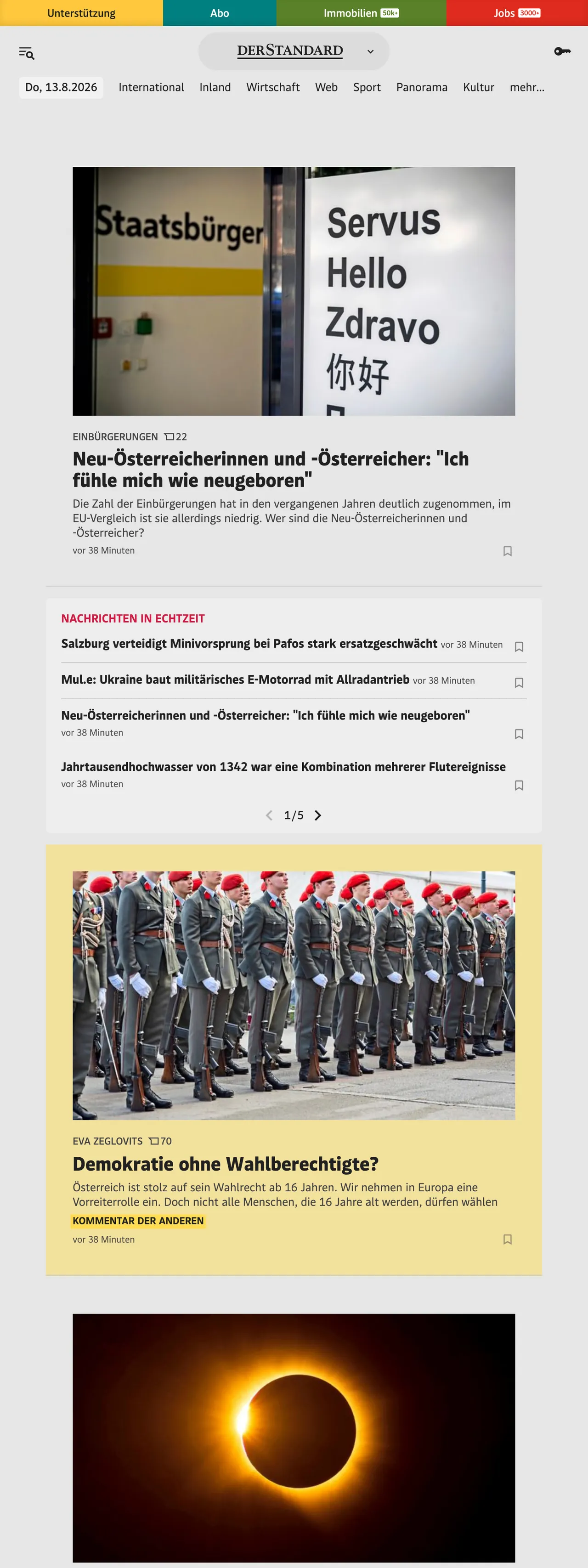 Screenshot of the DER STANDARD front page