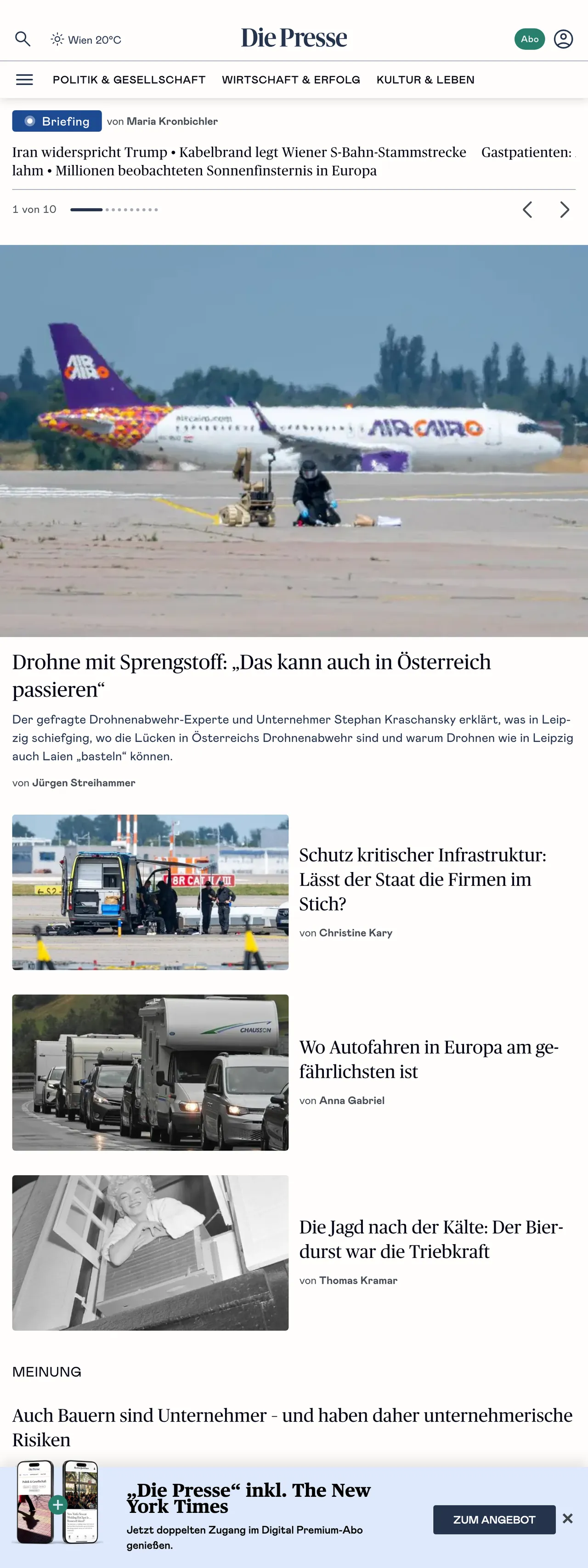Screenshot of the Die Presse front page