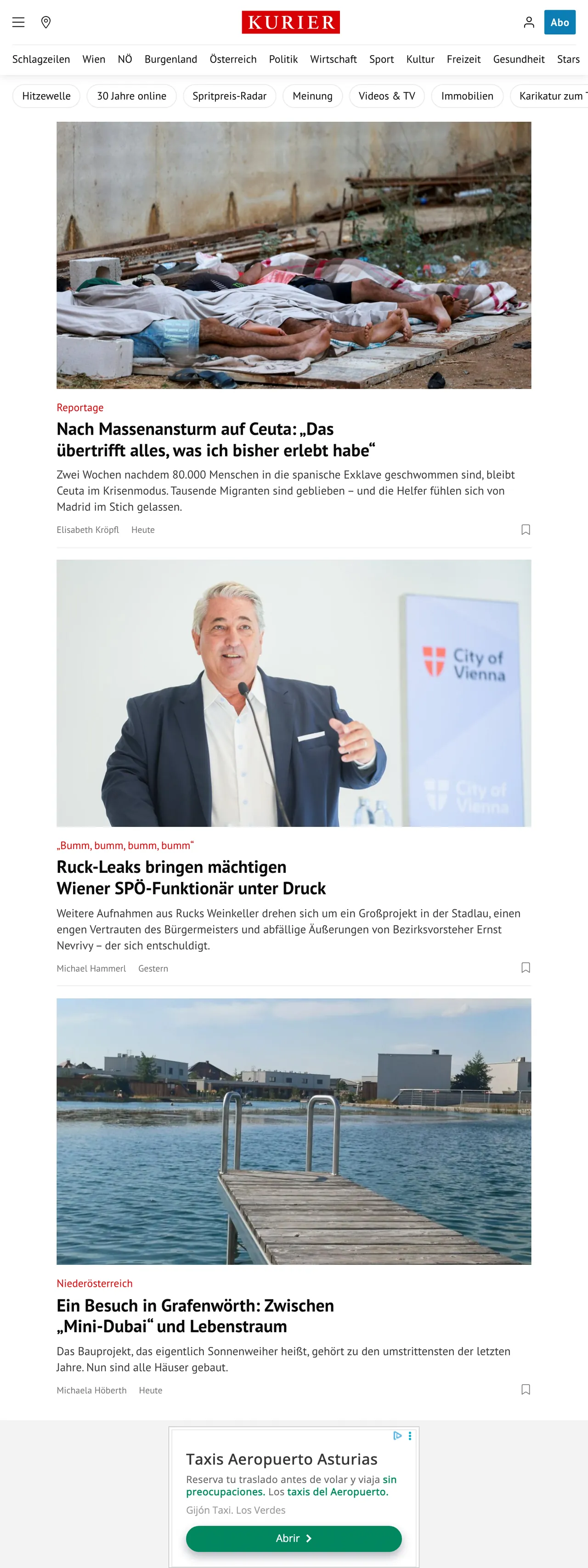 Screenshot of the Kurier front page