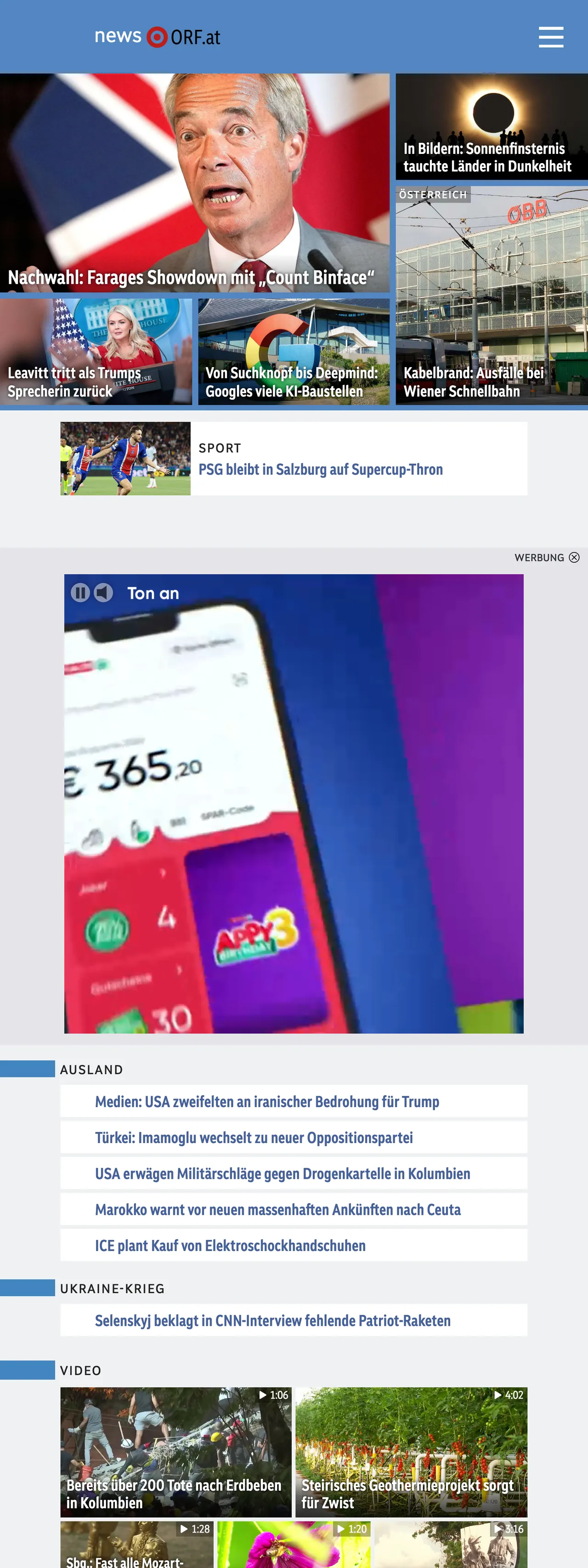 Screenshot of the ORF front page