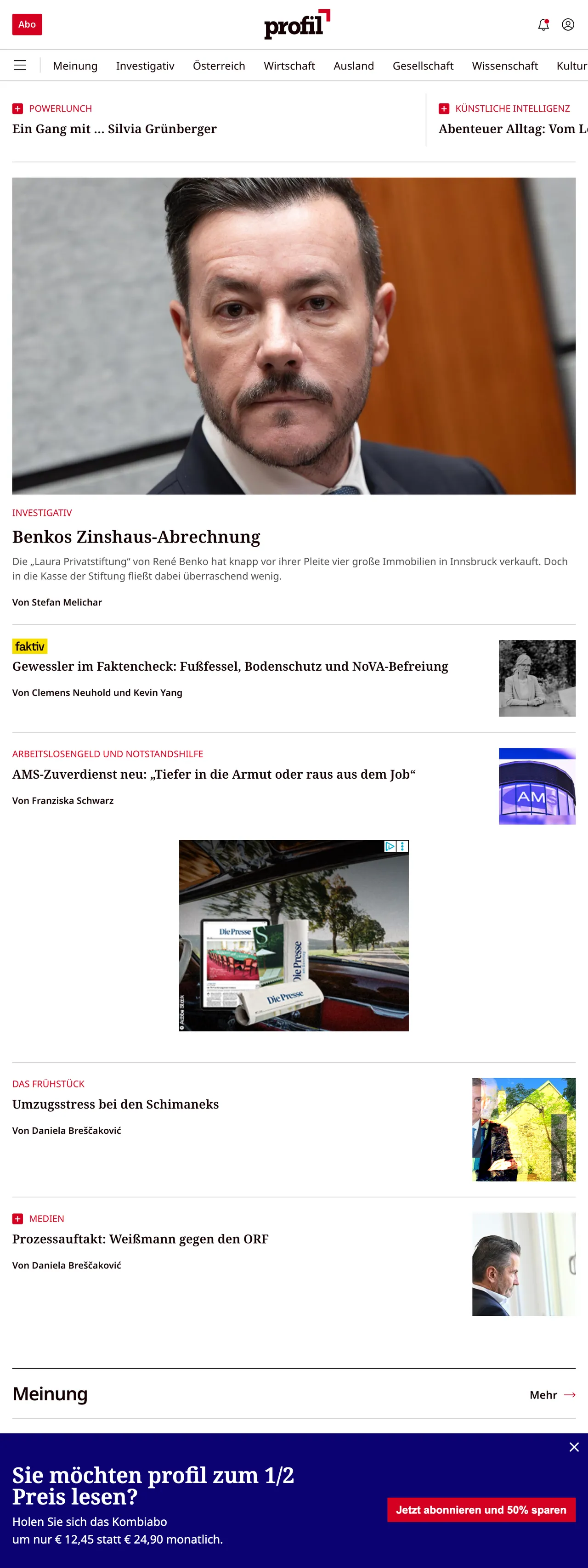 Screenshot of the profil front page