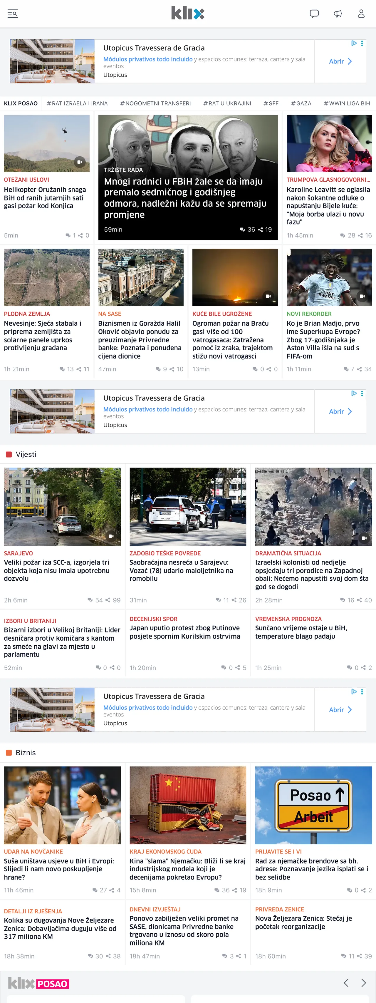 Screenshot of the Klix.ba front page
