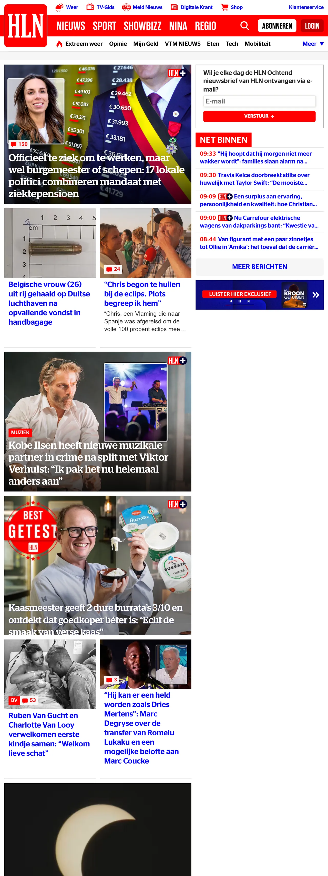 Screenshot of the HLN front page