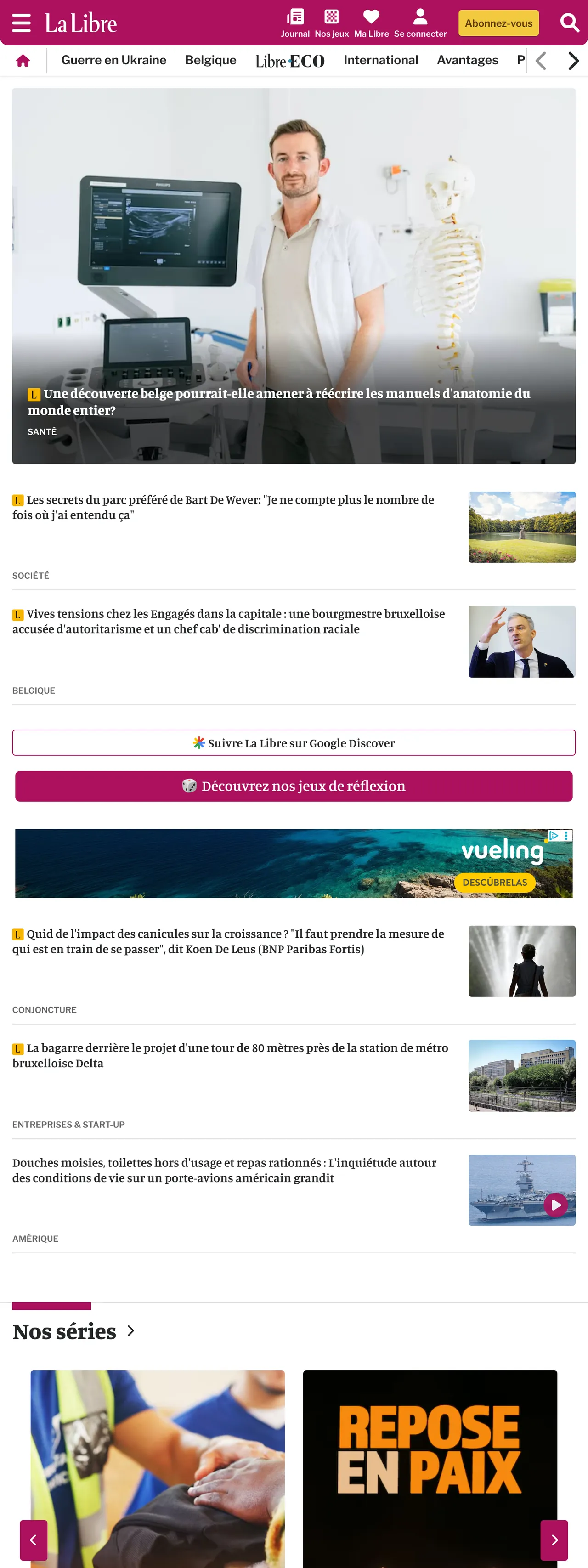 Screenshot of the La Libre front page