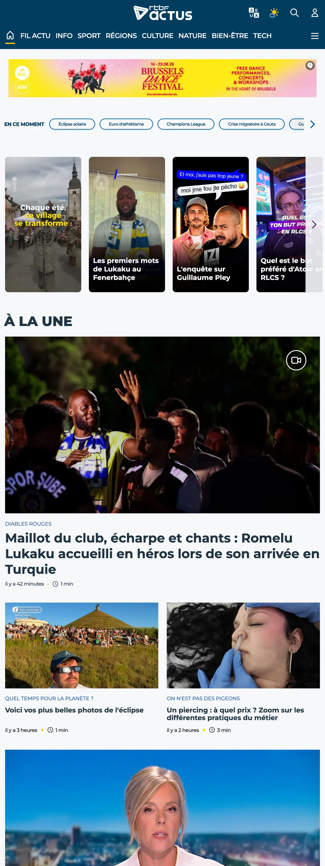 Screenshot of the RTBF front page