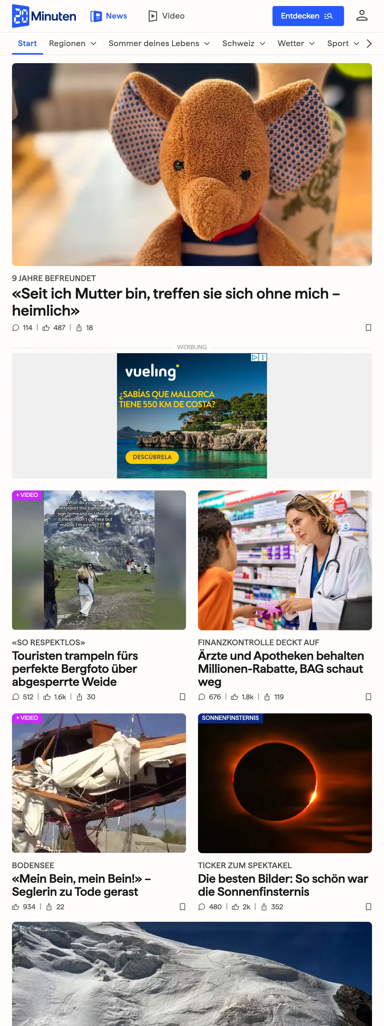 Screenshot of the 20 Minuten front page