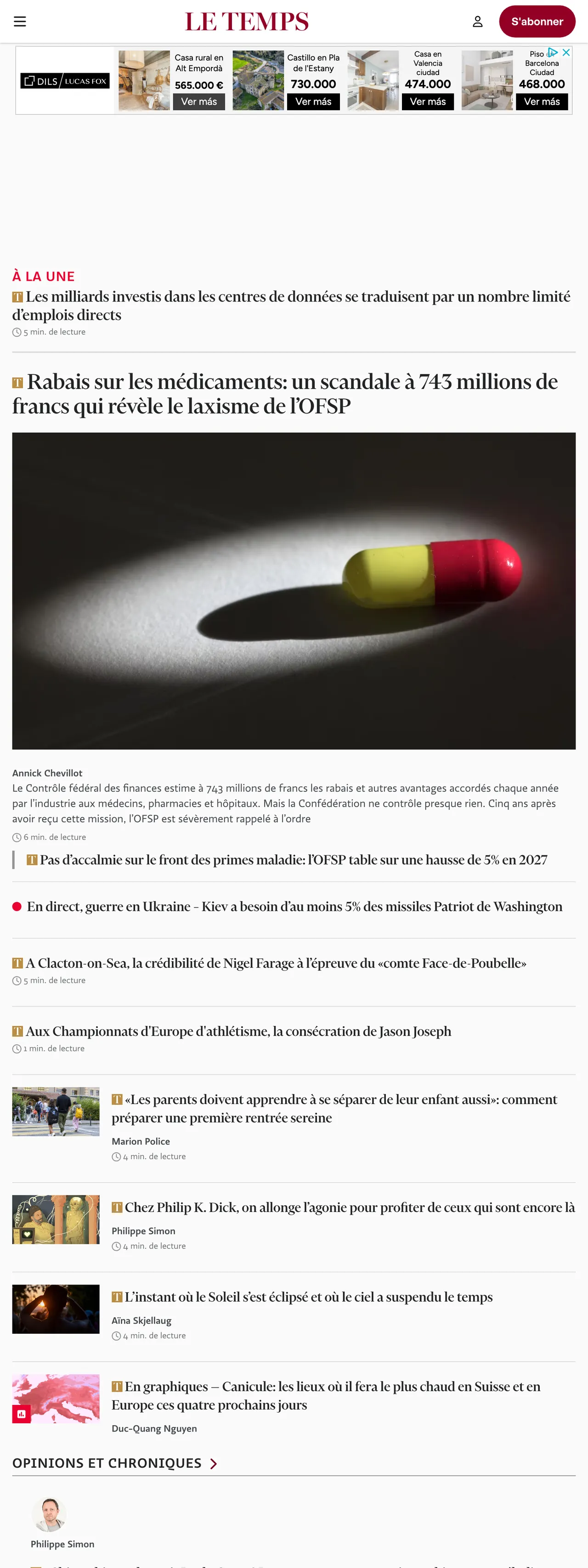 Screenshot of the Le Temps front page