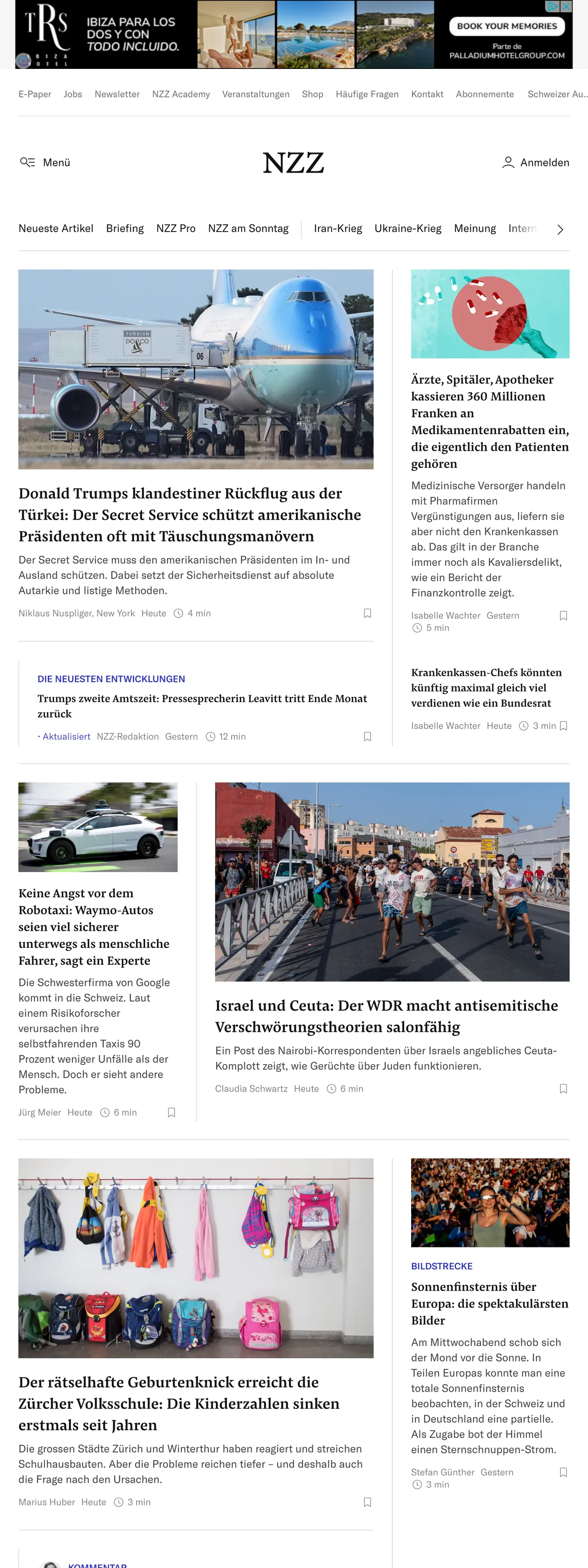 Screenshot of the Neue Zürcher Zeitung front page