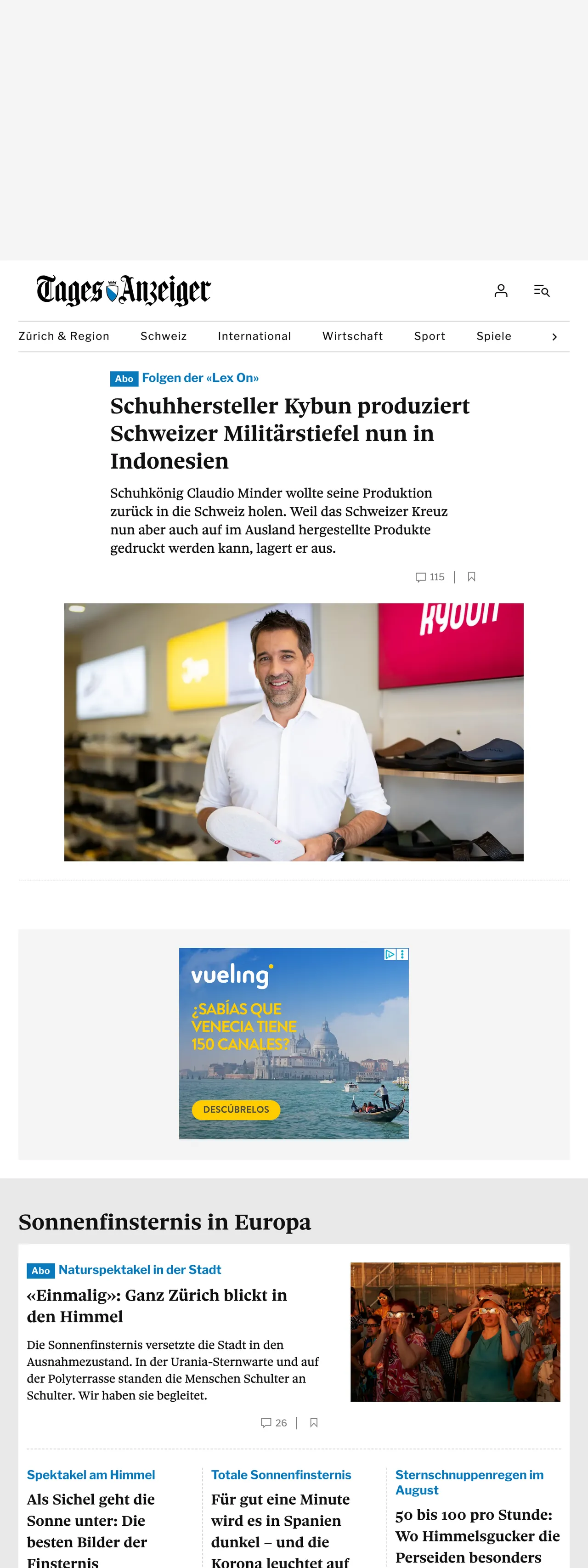 Screenshot of the Tages-Anzeiger front page