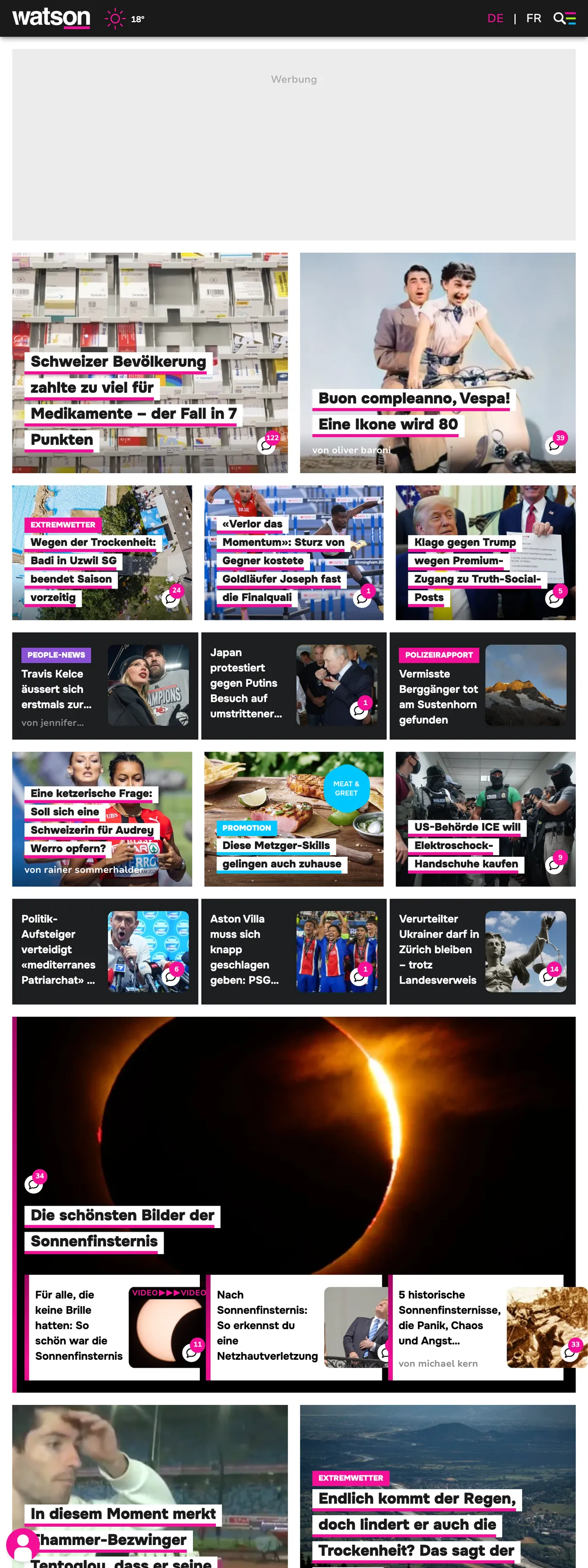 Screenshot of the watson front page