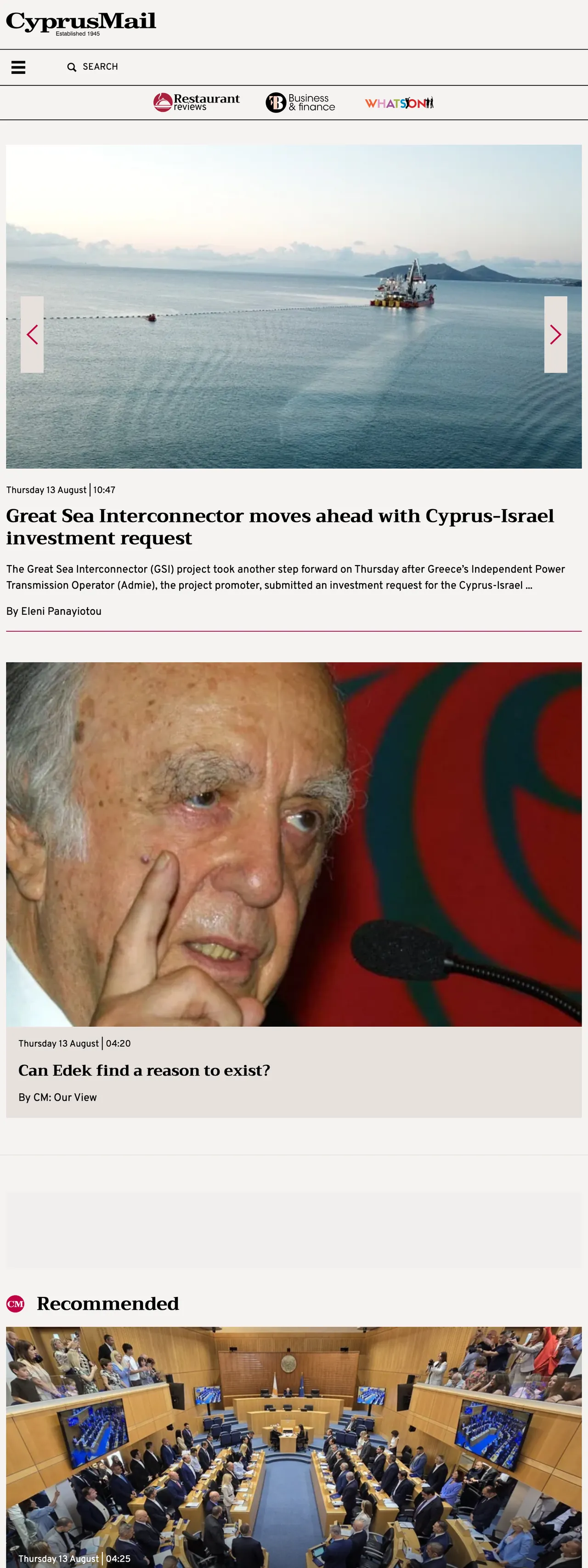 Screenshot of the Cyprus Mail front page