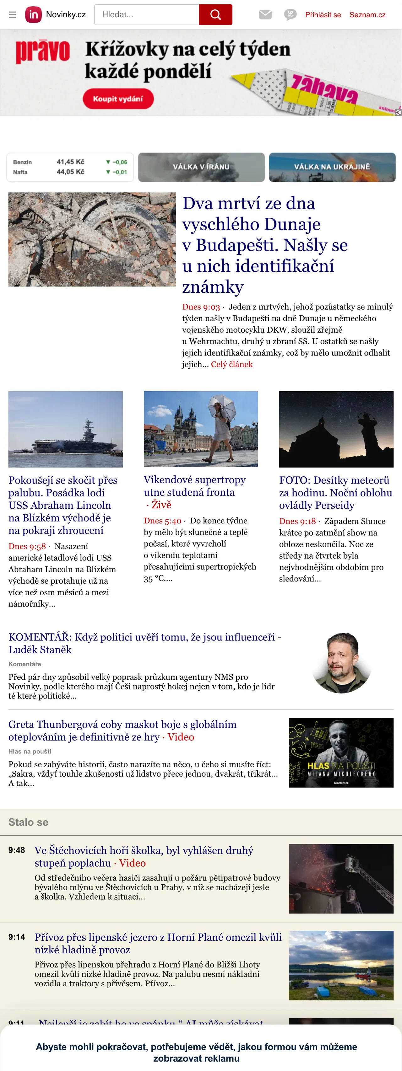 Screenshot of the Novinky.cz front page