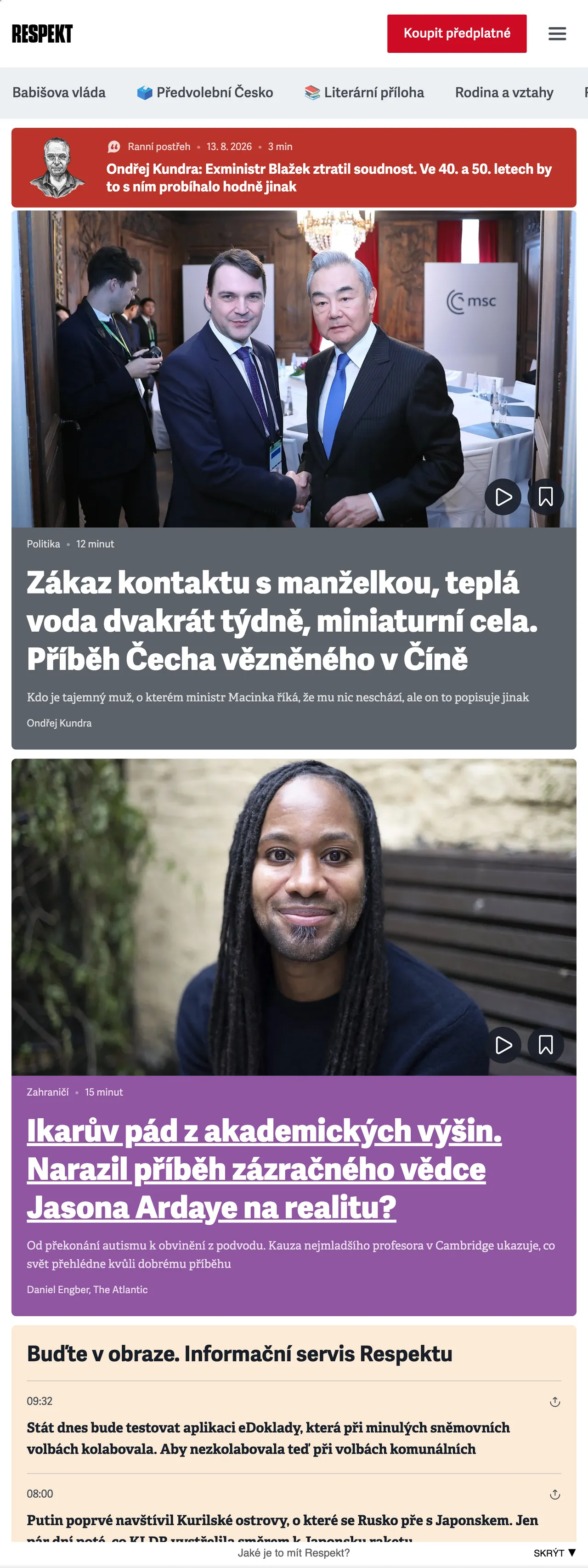 Screenshot of the Respekt front page