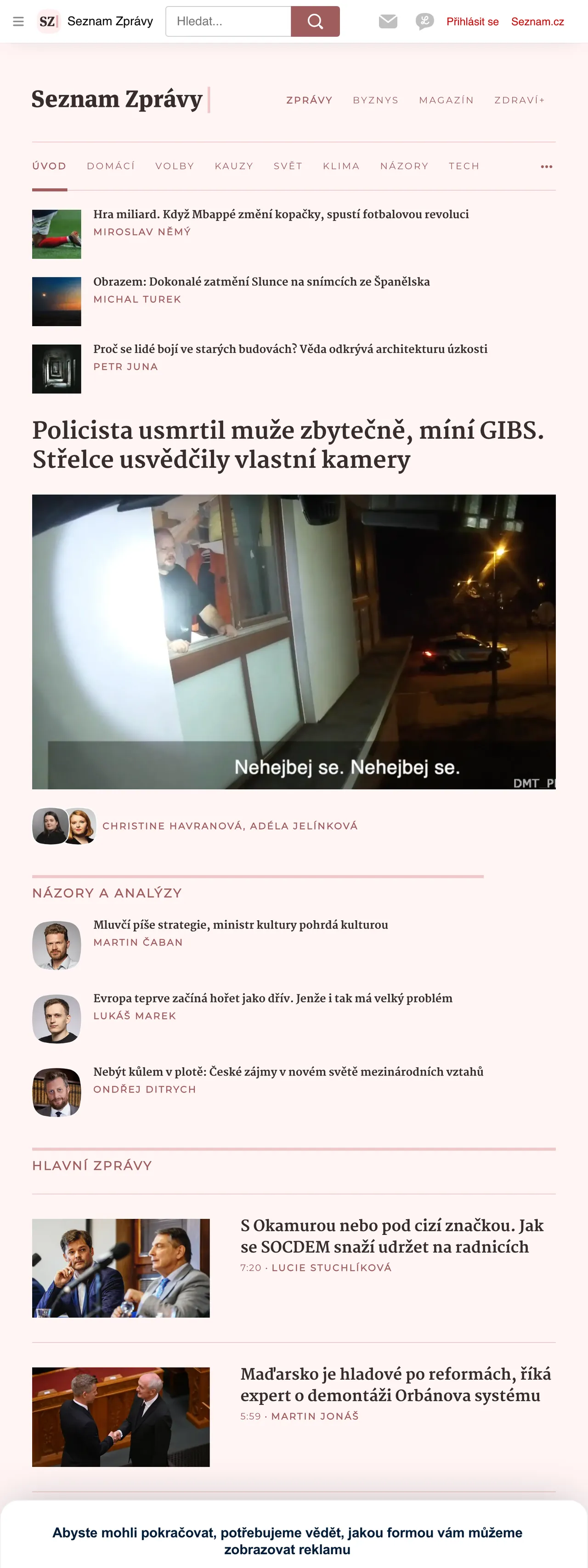 Screenshot of the Seznam Zprávy front page