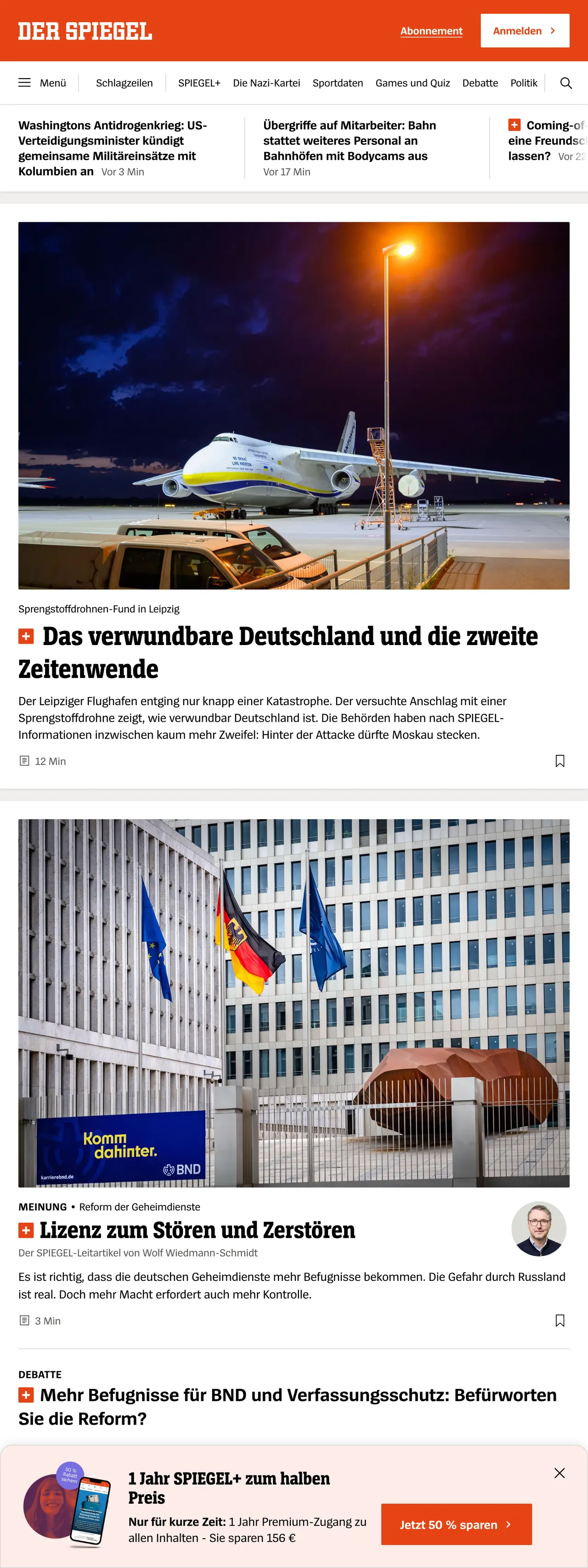 Screenshot of the DER SPIEGEL front page