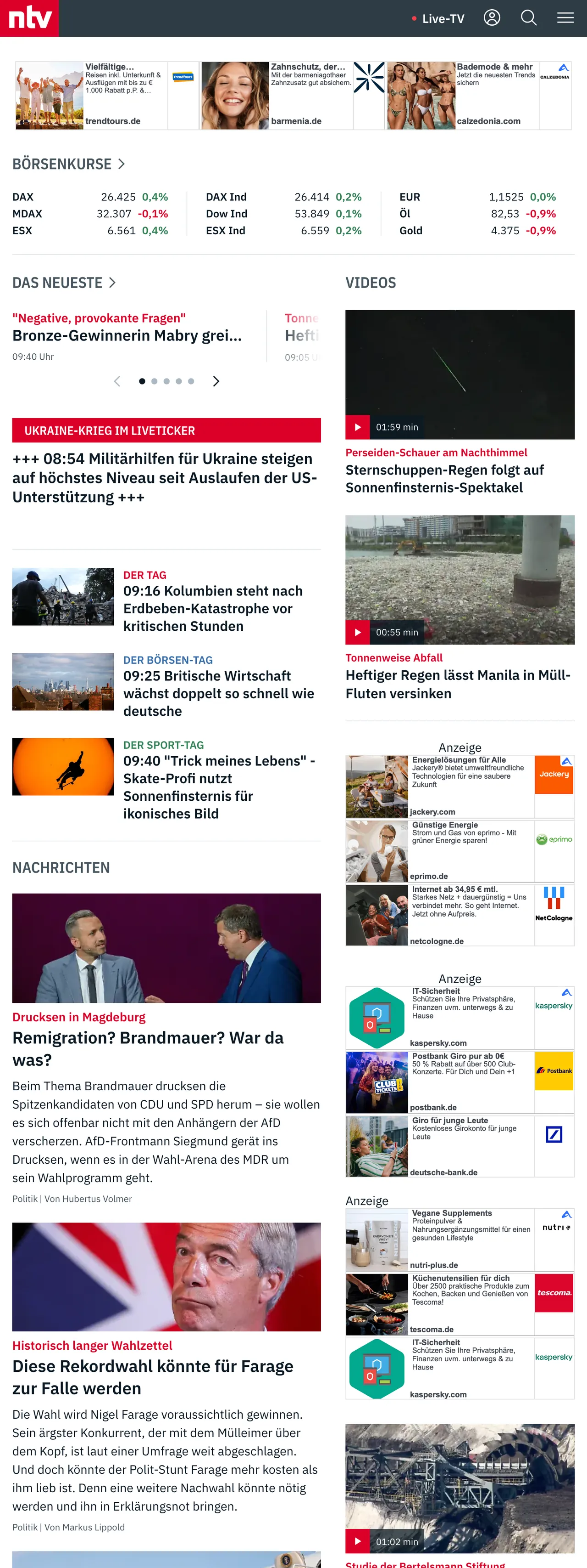 Screenshot of the n-tv front page