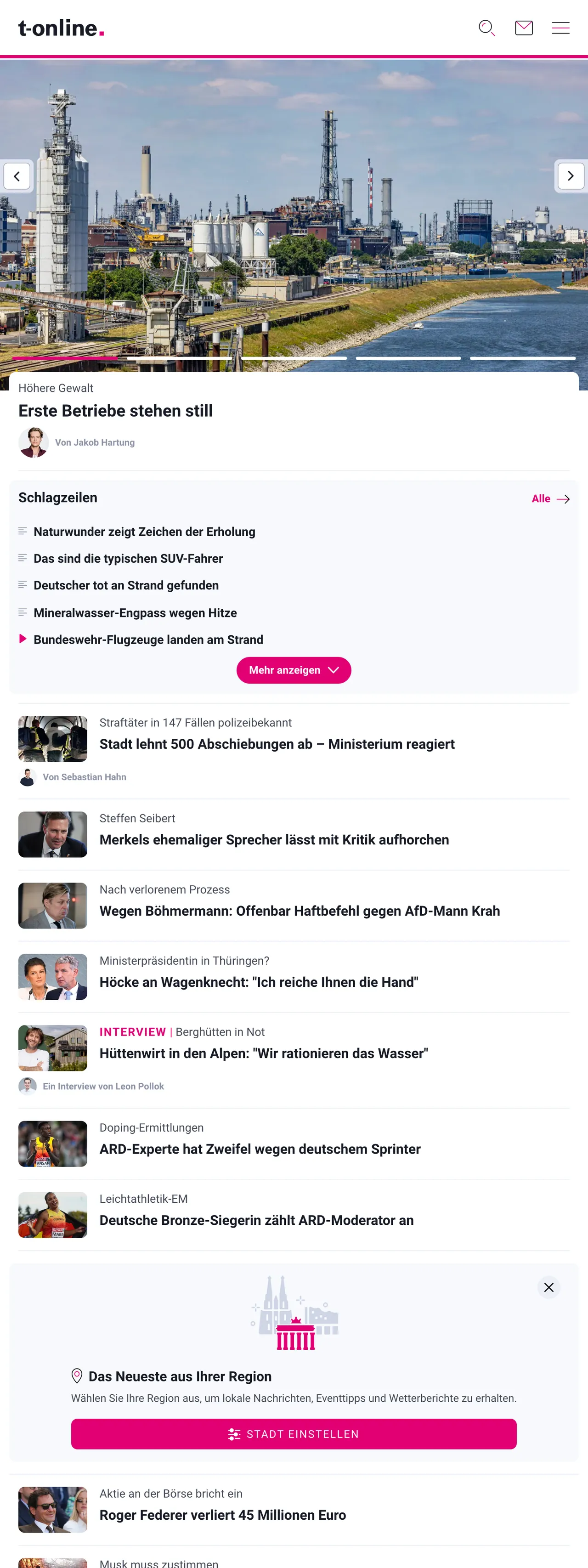 Screenshot of the t-online front page