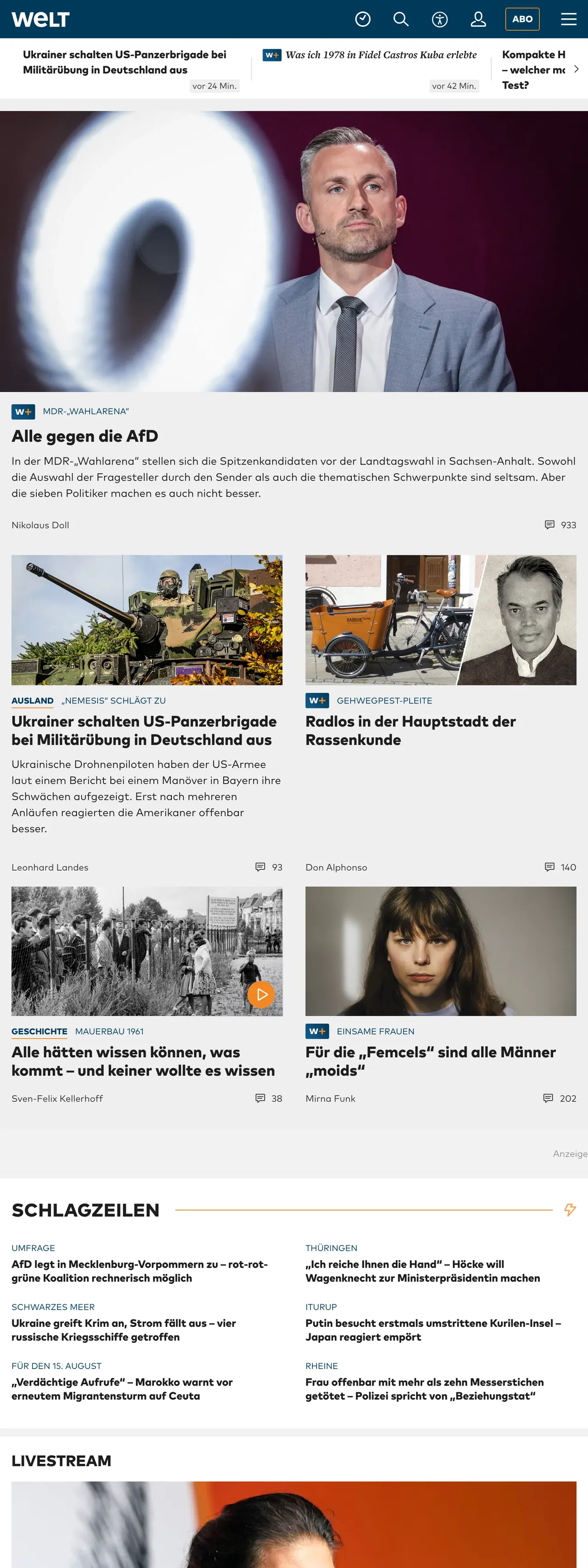 Screenshot of the WELT front page